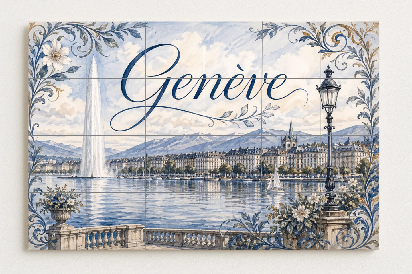 Genf, Schweiz, Kunst Wandbild des See Lemán, d — Städte & Monumente, Wandkunst aus Keramikfliesen