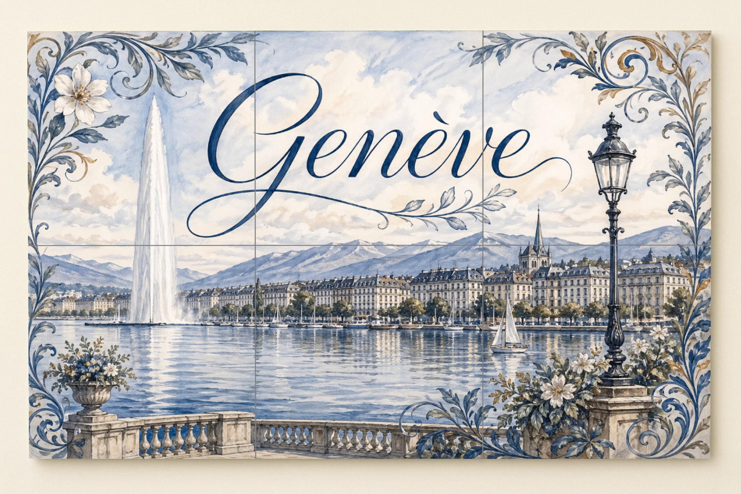 Genf, Schweiz, Kunst Wandbild des See Lemán, d — Städte & Monumente, Wandkunst aus Keramikfliesen