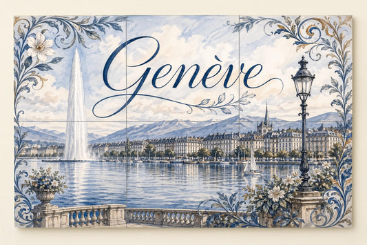 Geneva, Switzerland, Art Mural of the Lake Lemán, d · Ceramic Wall Mural — Cityscape in Tile