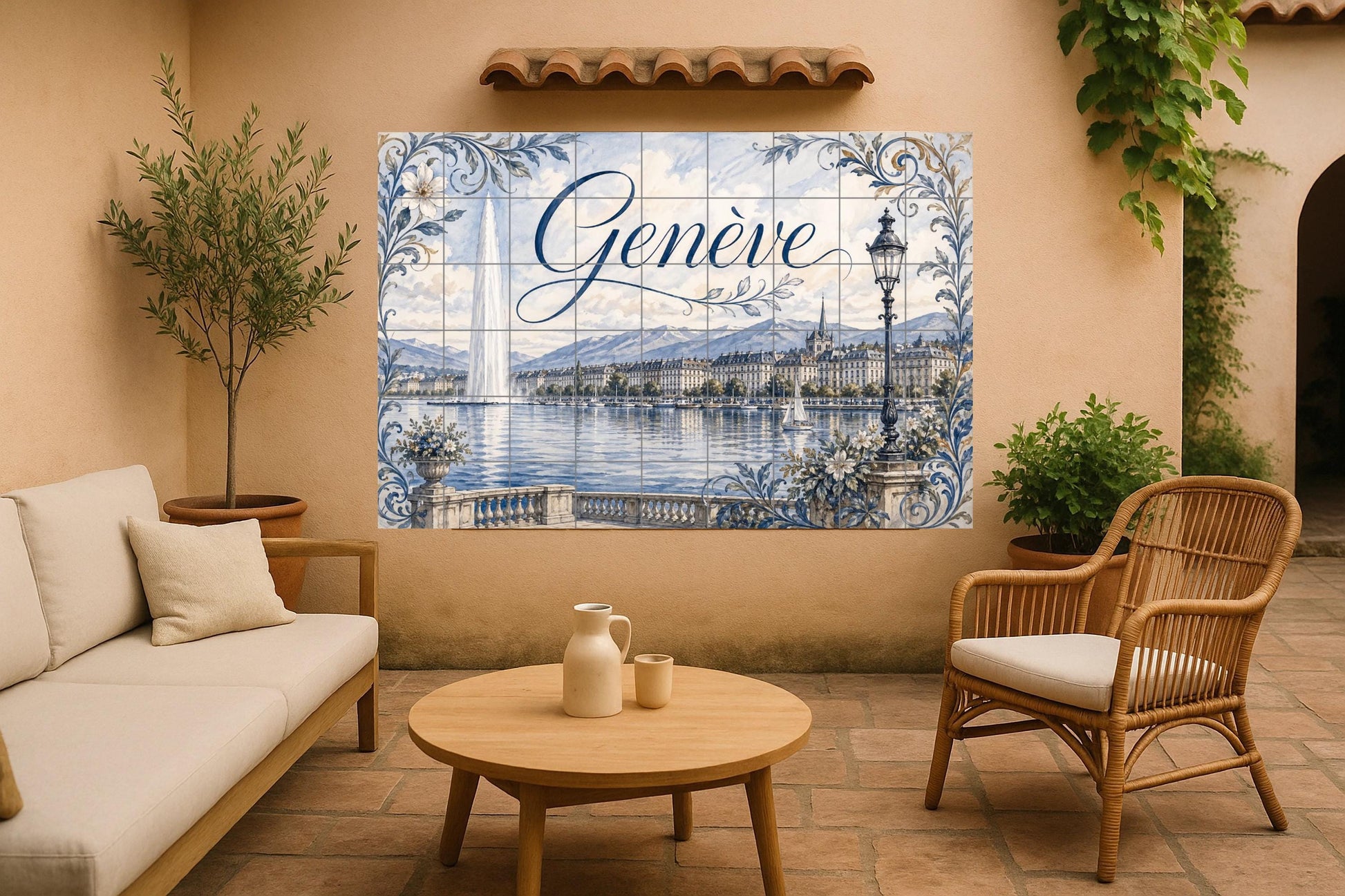 Genf, Schweiz, Kunst Wandbild des See Lemán, d — Städte & Monumente, Wandkunst aus Keramikfliesen