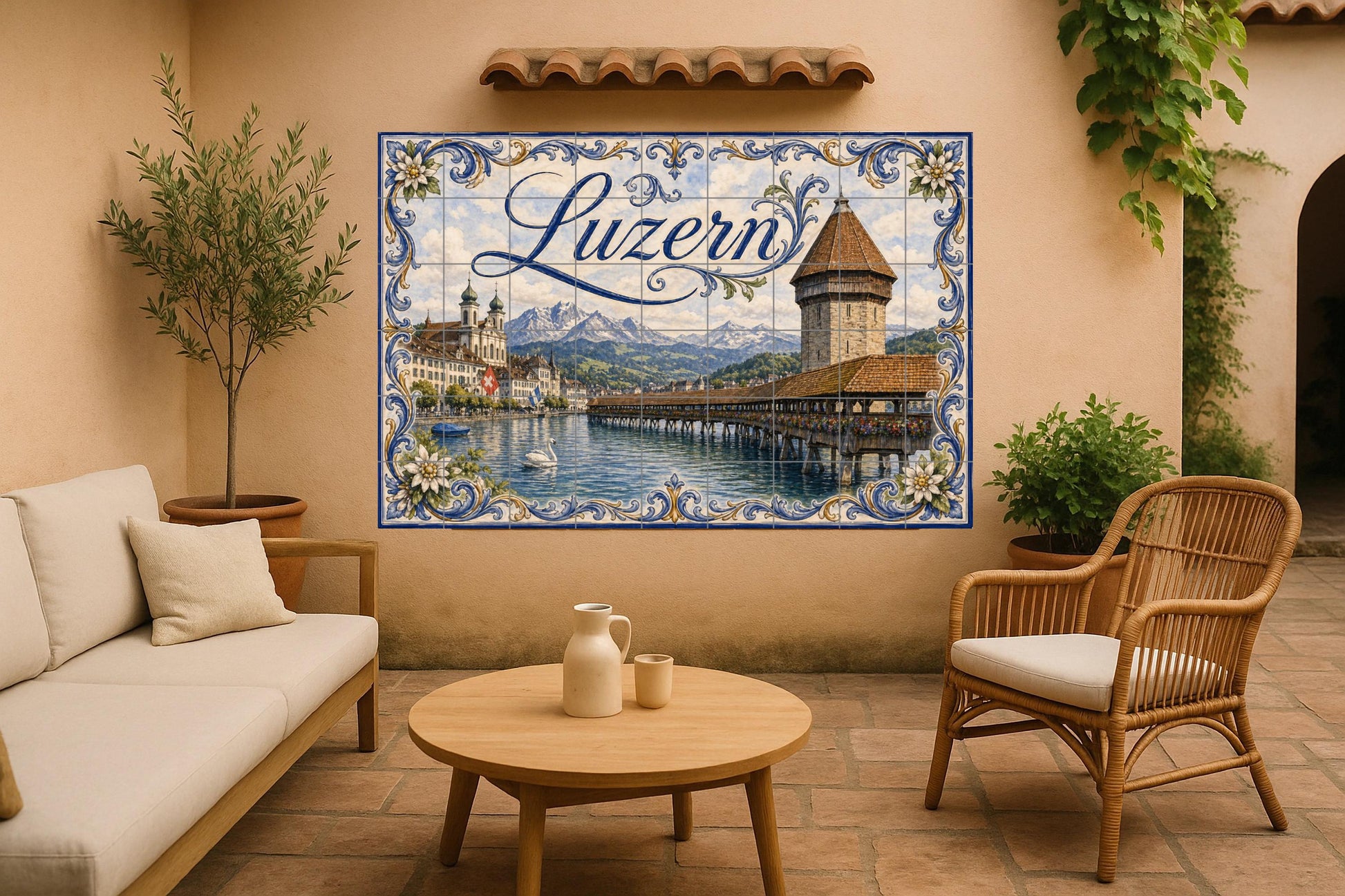 Mural de azulejos de cerámica de Lucerna, Suiza, arte ribereño de…