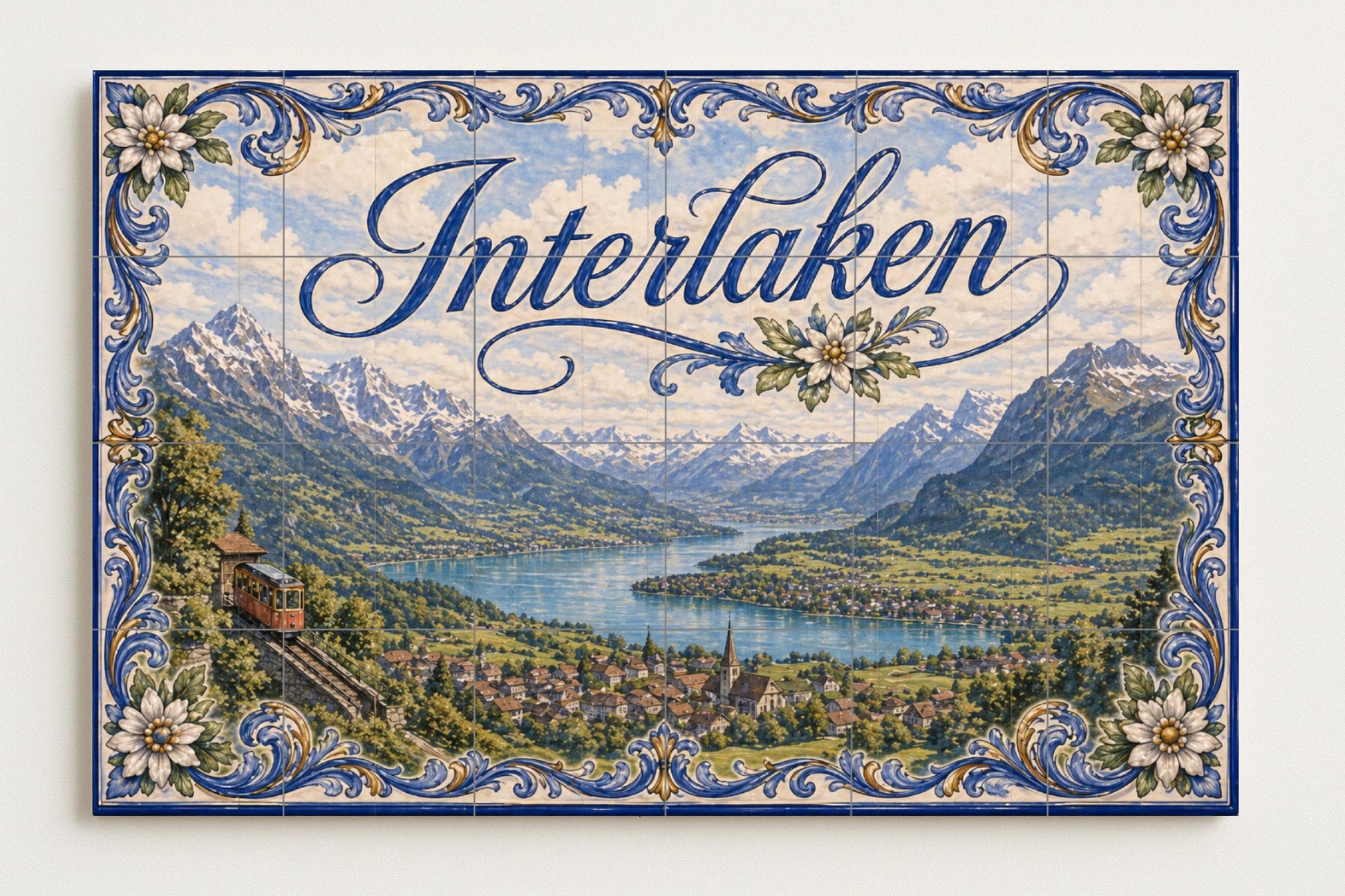 Mural de azulejos de cerámica de Interlaken, Suiza, arte mural del…