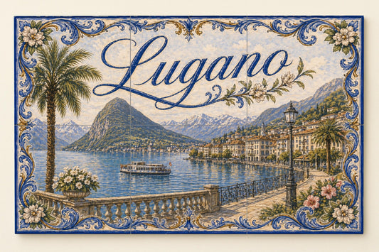 Lugano, Switzerland, Art Mural of the Lake of Lugano — Travel Wall Décor · Ceramic Tile Mural