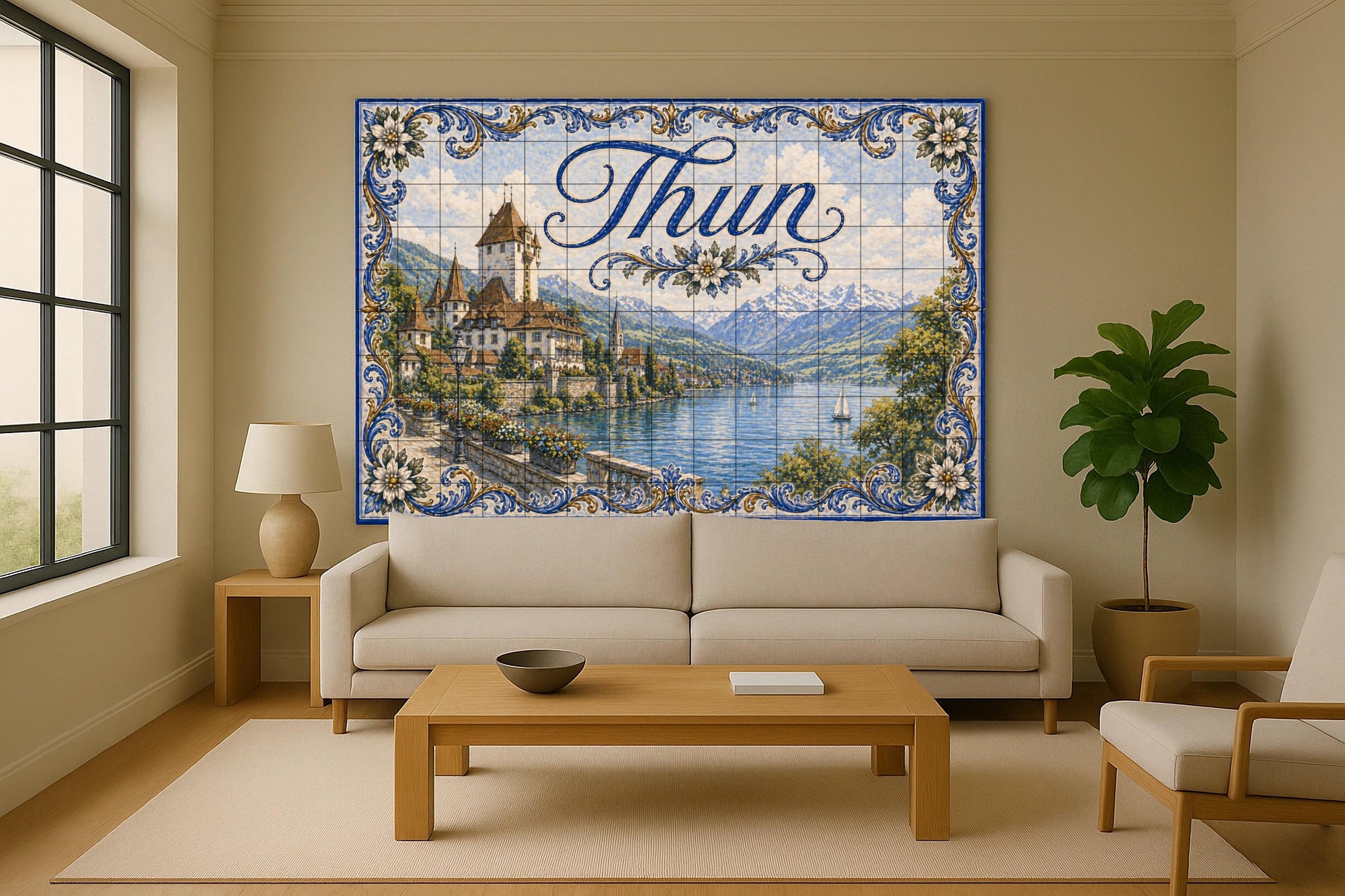 Thun, Suiza, decoración de pared para pueblo — Fresque Murale en Carreaux de Céramique · Fresque de Monument