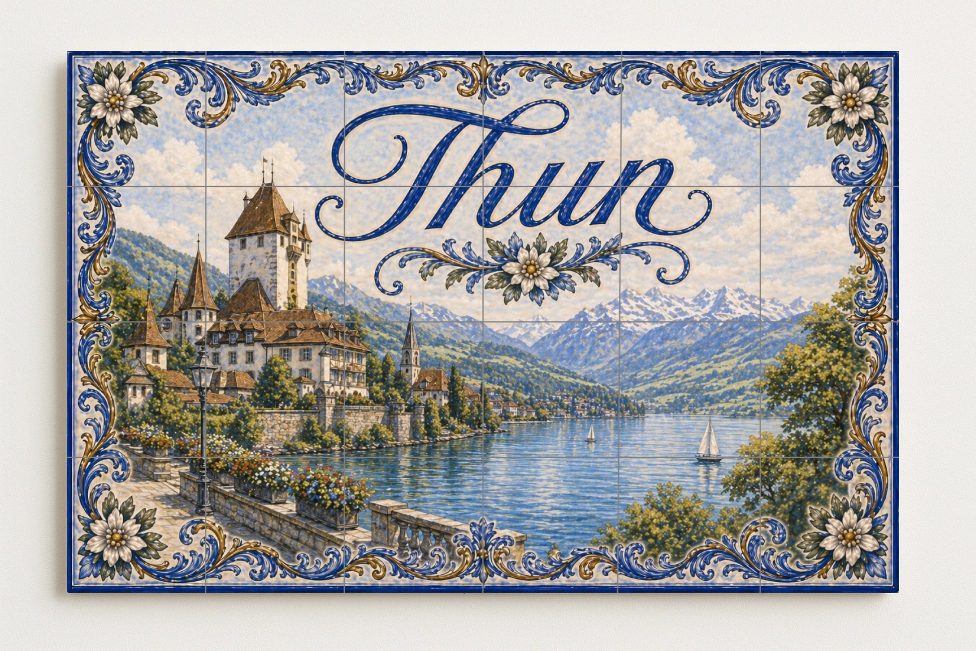Thun, Suiza, decoración de pared para pueblo — Fresque Murale en Carreaux de Céramique · Fresque de Monument