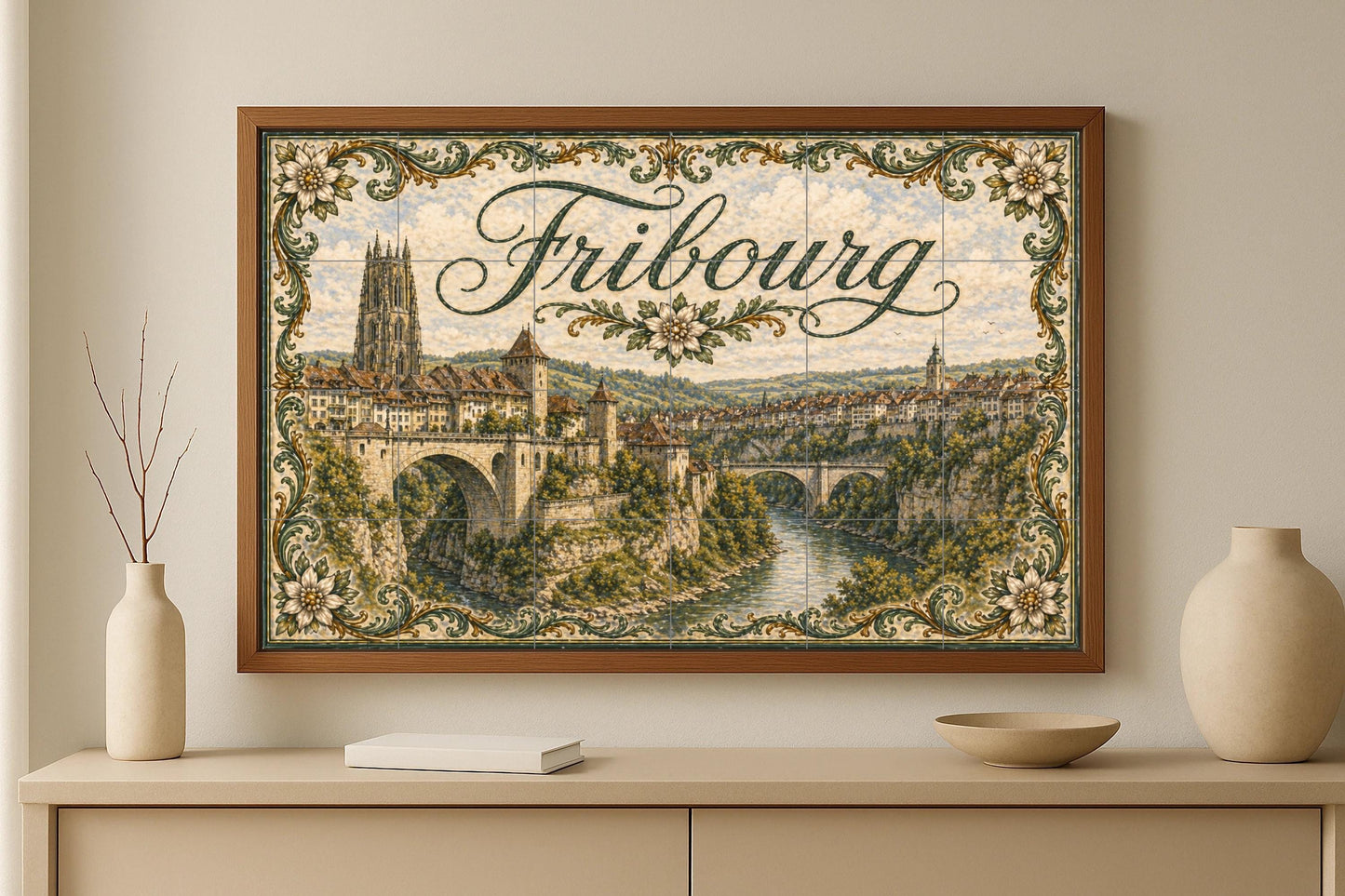 Friburgo, Suisse, decoración Mural Médiéval — Fresque Murale en Carreaux de Céramique · Paysage Urbain en Carreaux