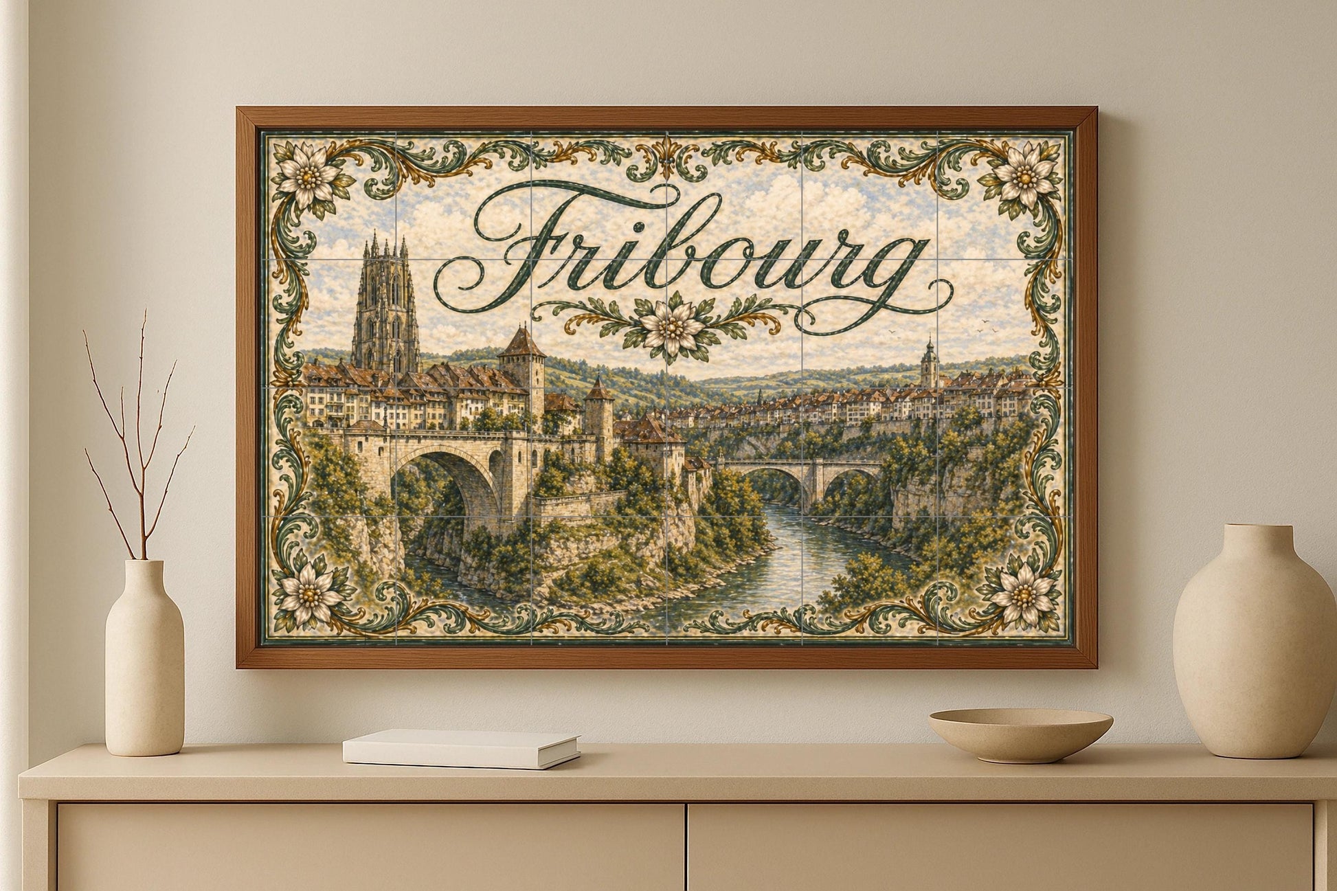 Friburgo, Suisse, decoración Mural Médiéval — Fresque Murale en Carreaux de Céramique · Paysage Urbain en Carreaux