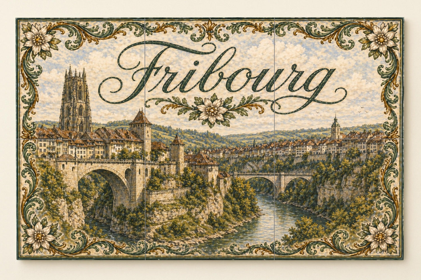 Friburgo, Suisse, decoración Mural Médiéval — Fresque Murale en Carreaux de Céramique · Paysage Urbain en Carreaux