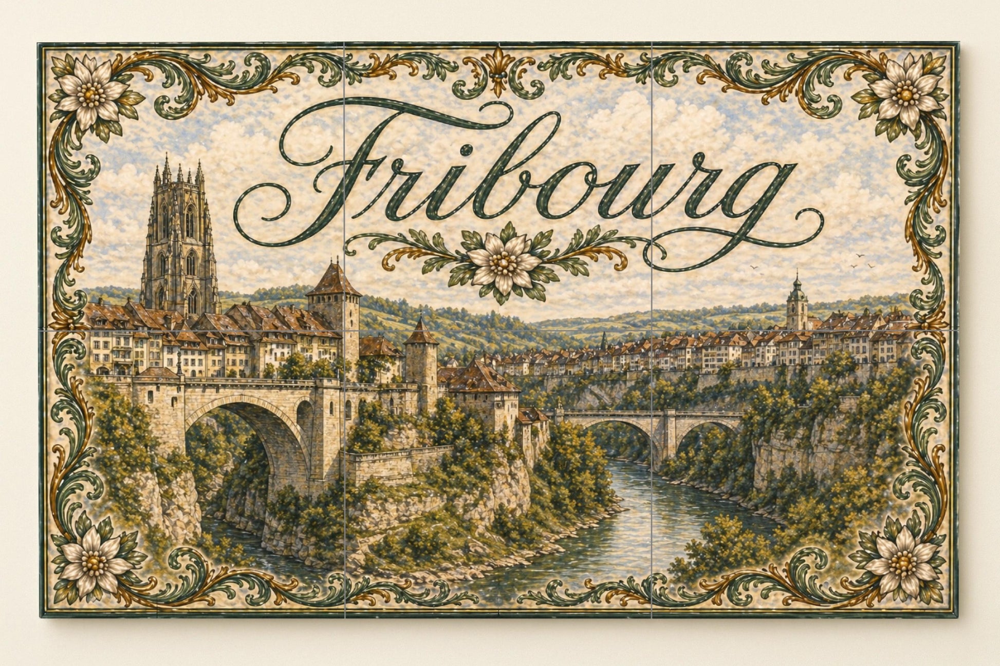 Friburgo, Suisse, decoración Mural Médiéval — Fresque Murale en Carreaux de Céramique · Paysage Urbain en Carreaux