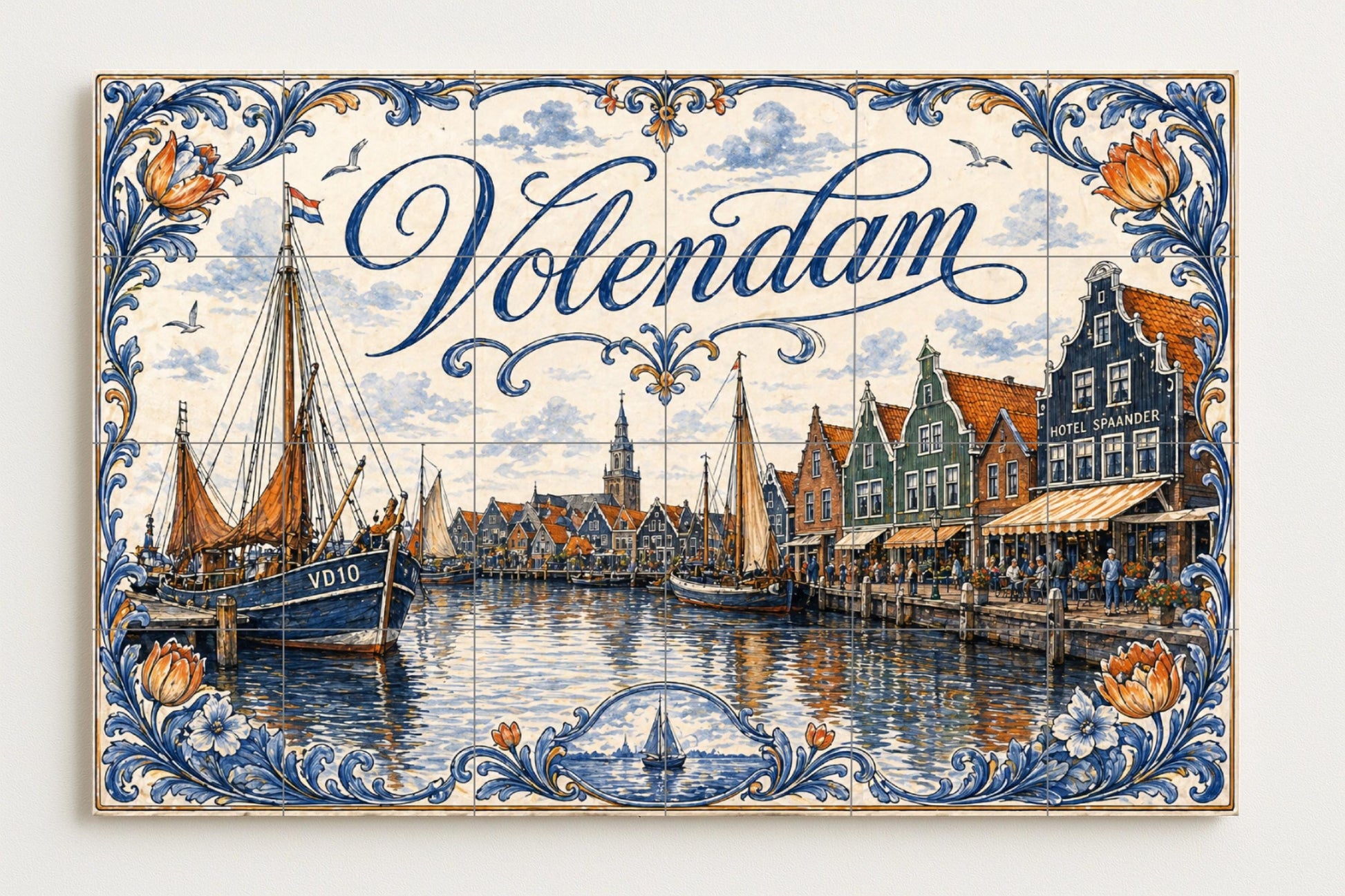 Mural de azulejos de cerámica del puerto de Volendam, Países Bajos…