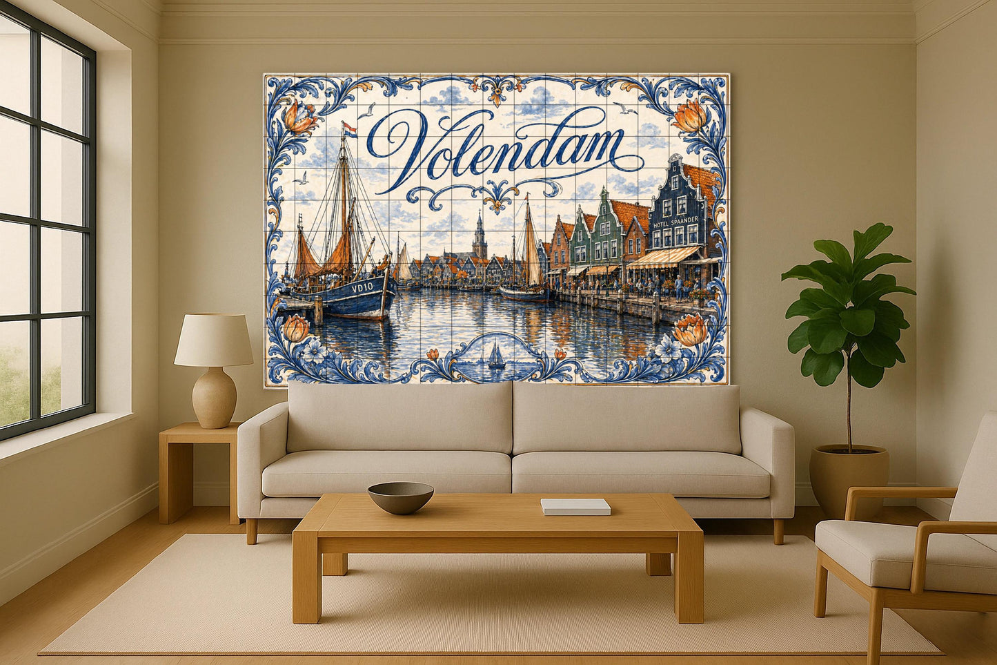 Mural de azulejos de cerámica del puerto de Volendam, Países Bajos…