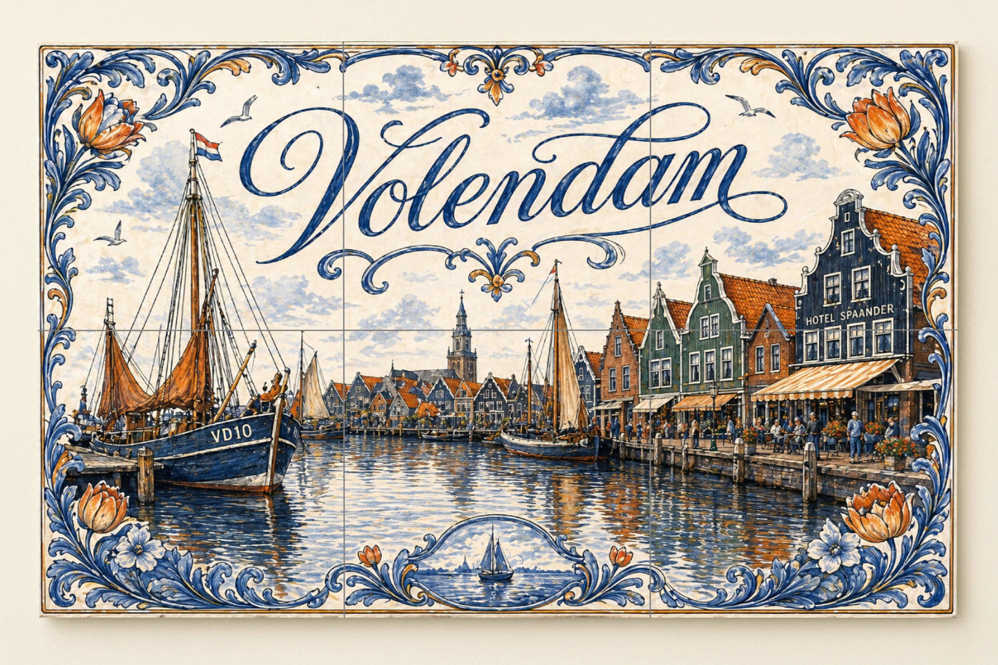Mural de azulejos de cerámica del puerto de Volendam, Países Bajos…