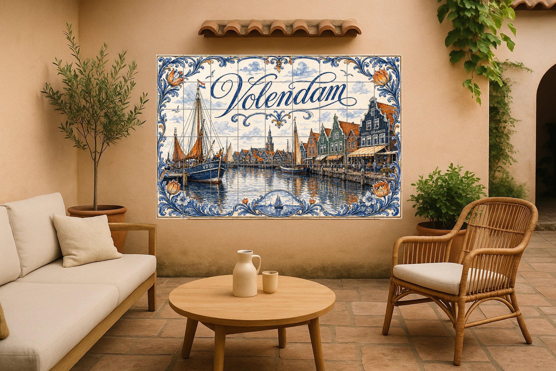 Mural de azulejos de cerámica del puerto de Volendam, Países Bajos…