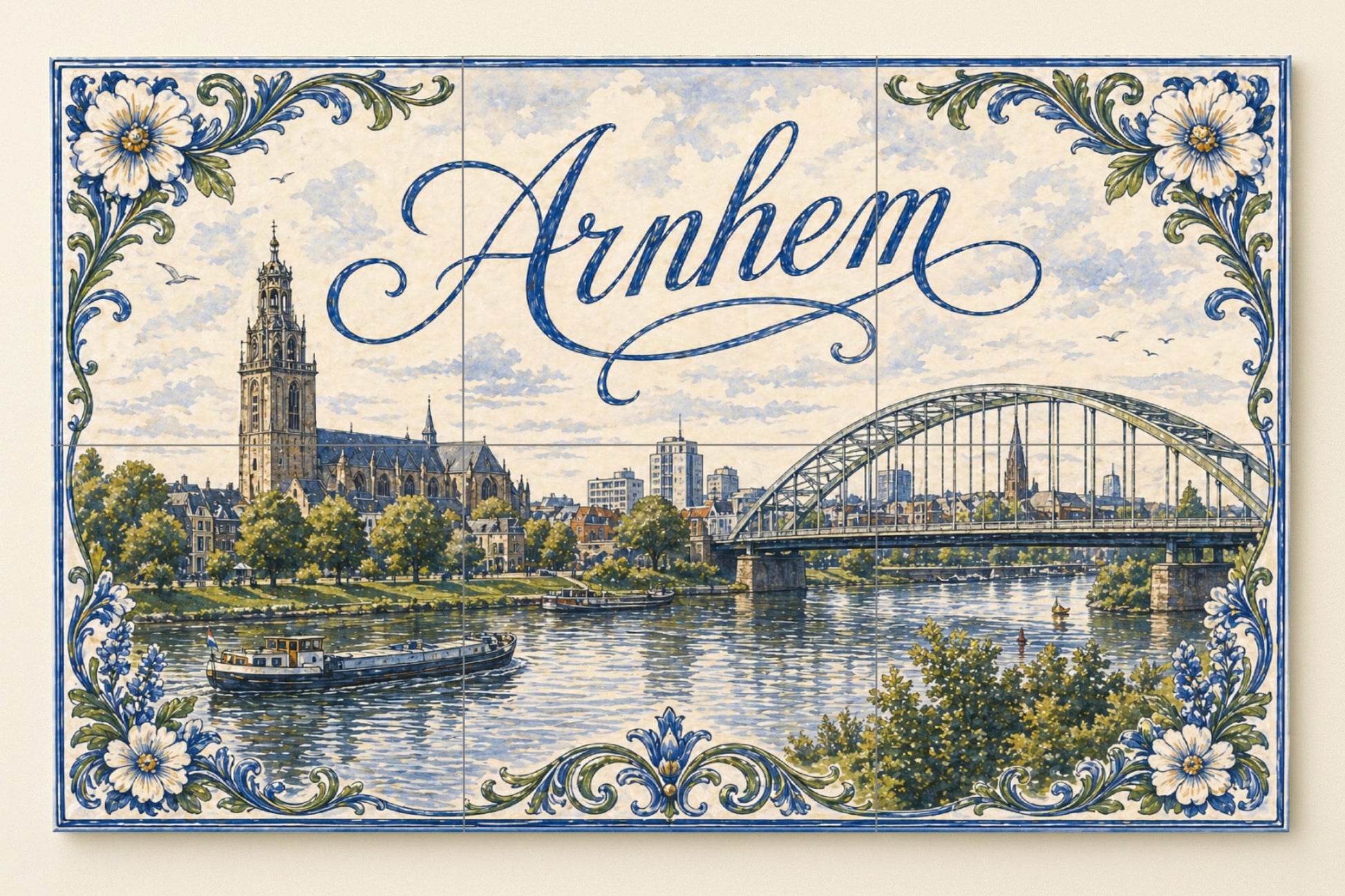 Du Rivière Rin en Arnhem, Art Mural du Pont Jo · Fresque Céramique — Fleurs et Paysages