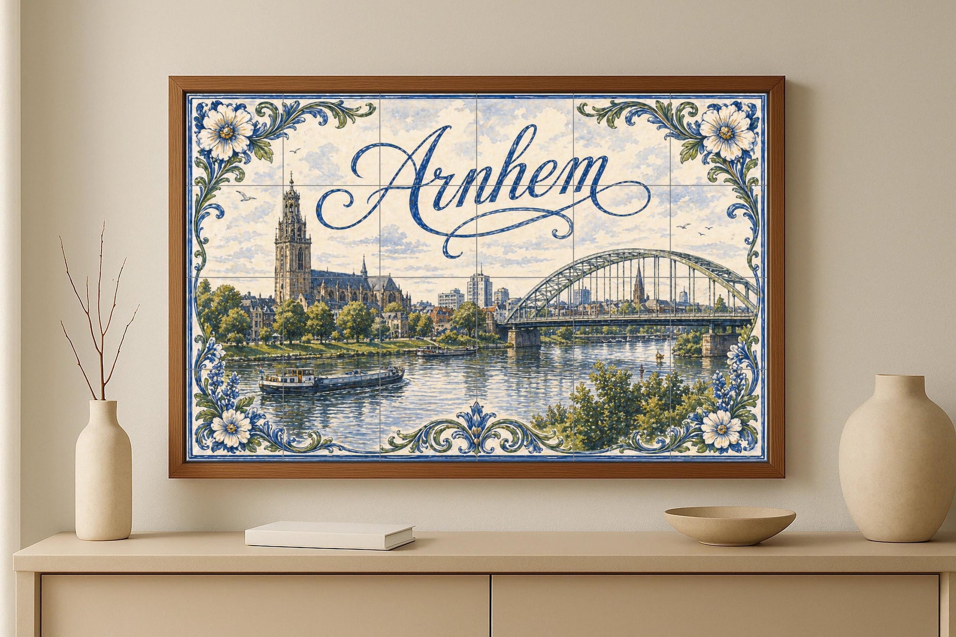 Du Rivière Rin en Arnhem, Art Mural du Pont Jo · Fresque Céramique — Fleurs et Paysages