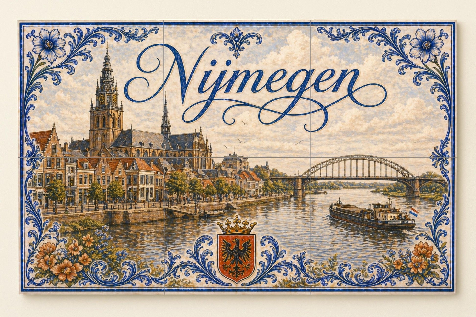 Des Fluss Waal in Nijmegen, Historisch Brücke hola — Botanische Landschaft, Wandkunst aus Keramikfliesen