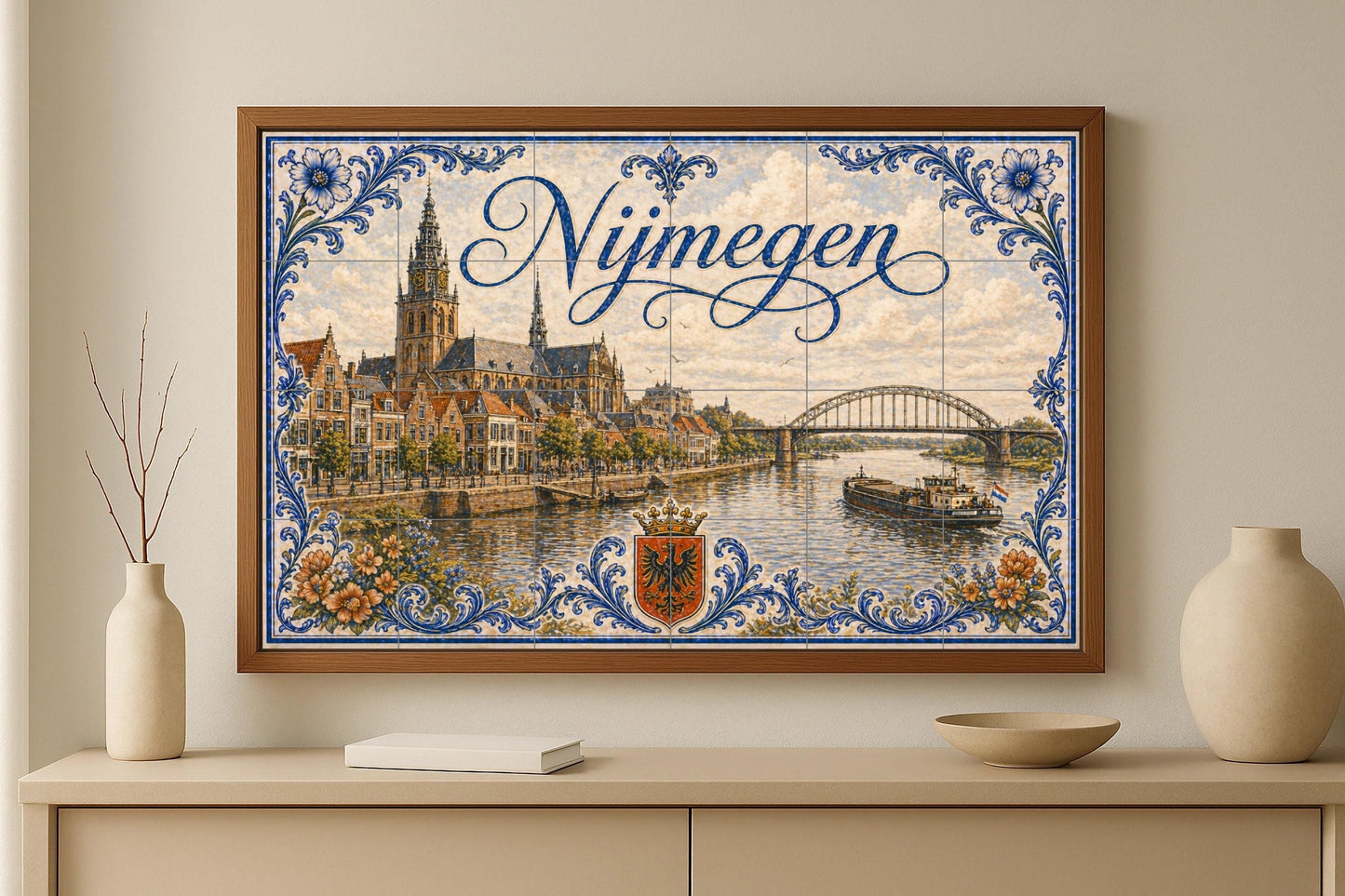 Des Fluss Waal in Nijmegen, Historisch Brücke hola — Botanische Landschaft, Wandkunst aus Keramikfliesen