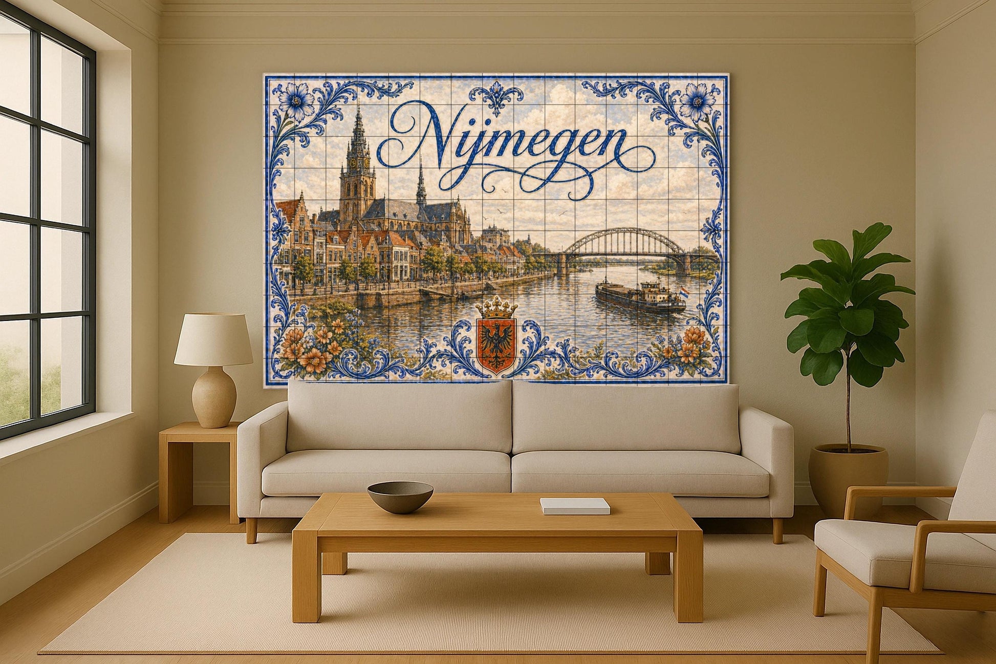 Des Fluss Waal in Nijmegen, Historisch Brücke hola — Botanische Landschaft, Wandkunst aus Keramikfliesen