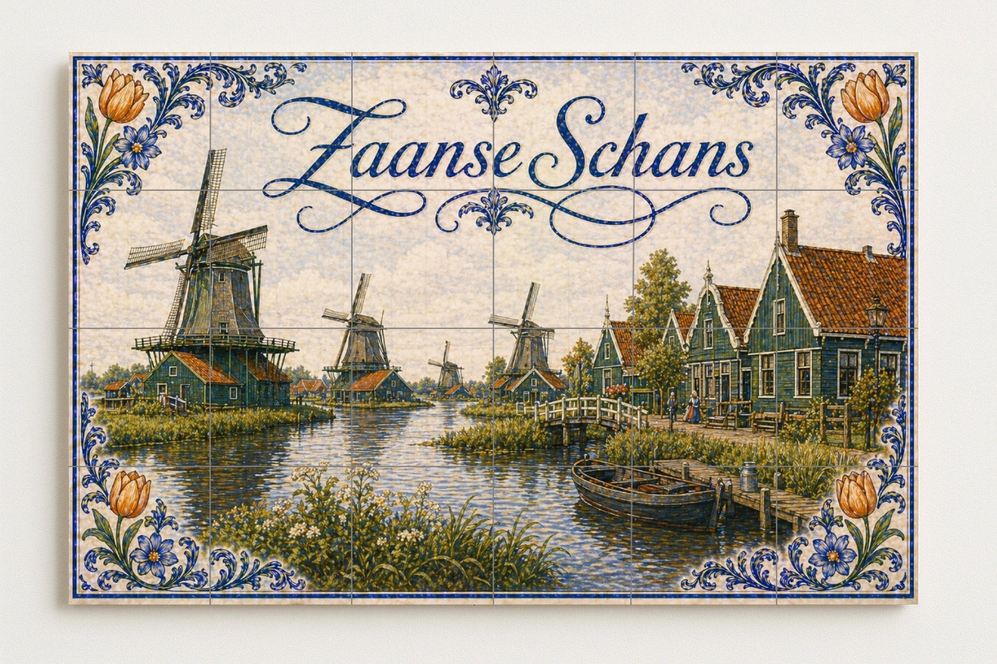 Mural de azulejos de cerámica de molinos de viento de Zaanse Schans…