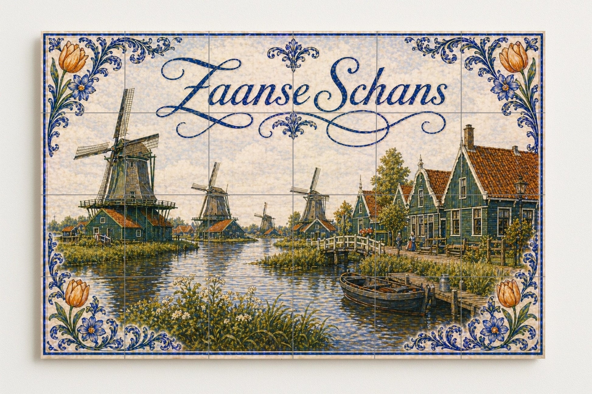 Mural de azulejos de cerámica de molinos de viento de Zaanse Schans…