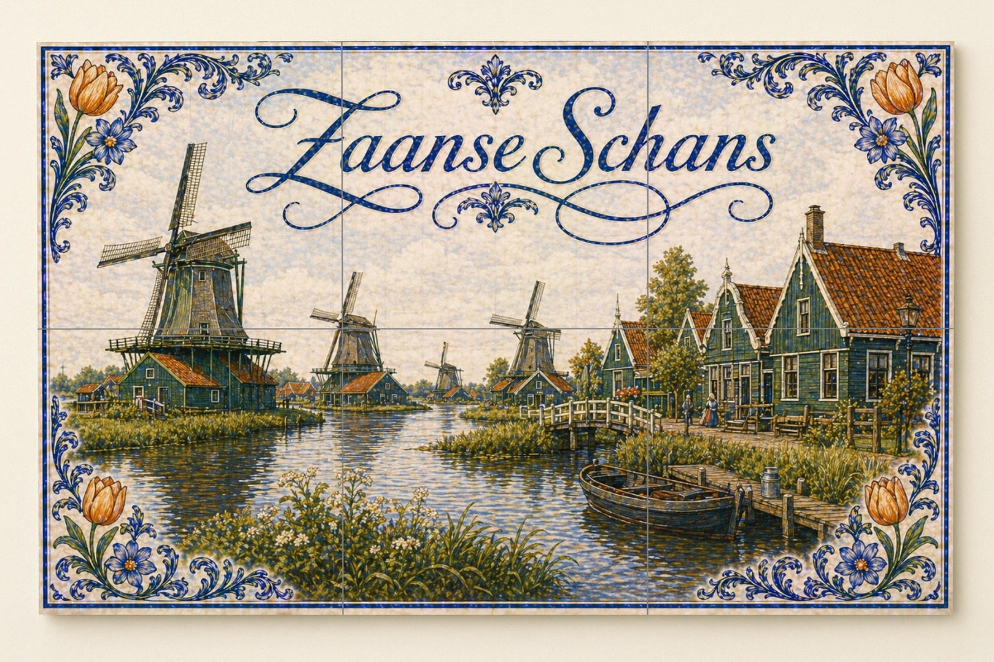 Mural de azulejos de cerámica de molinos de viento de Zaanse Schans…