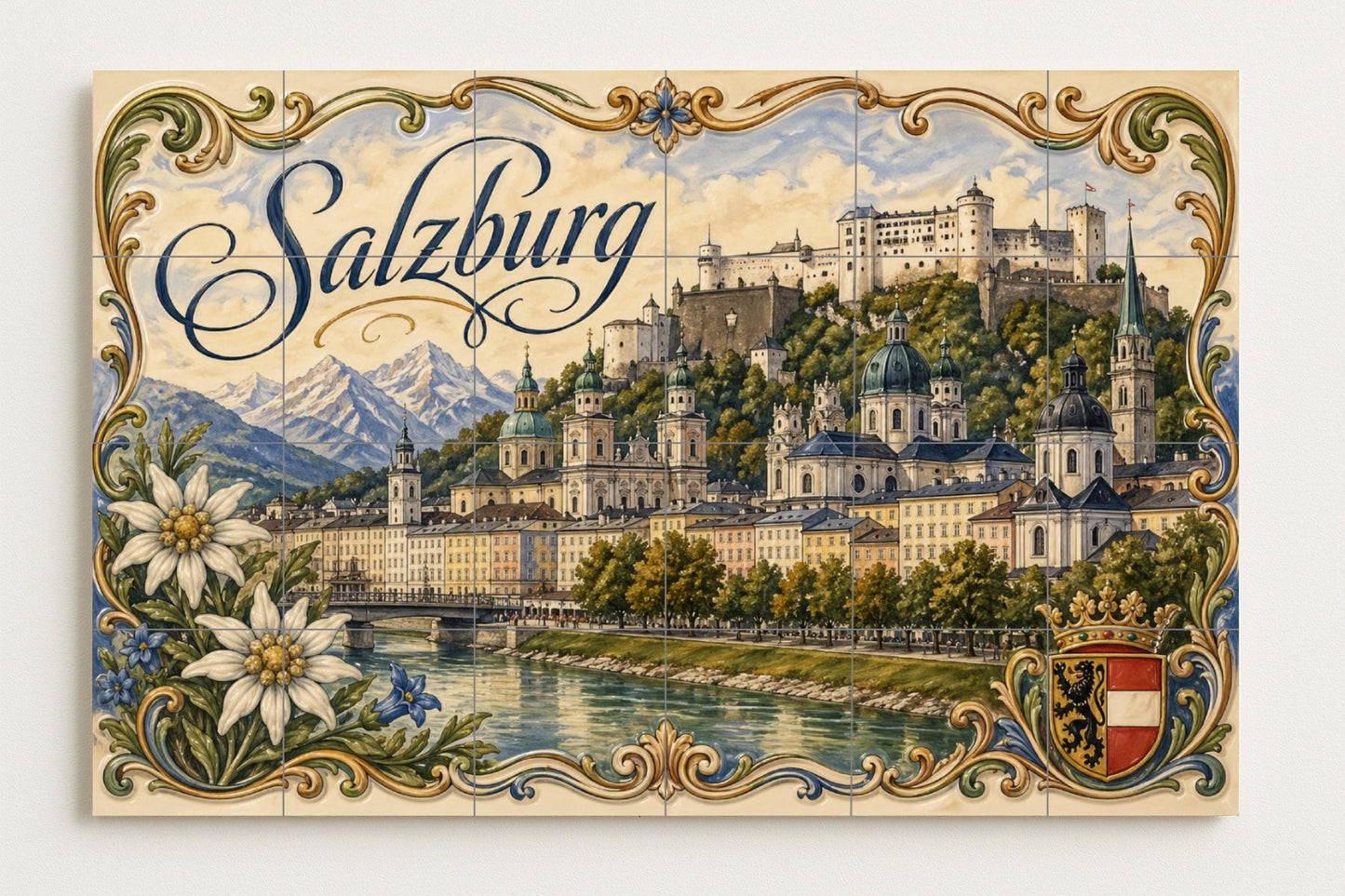 Fortaleza de Hohensalzburg en Salzburgo — Paysage Urbain en Carreaux, Art Mural en Céramique