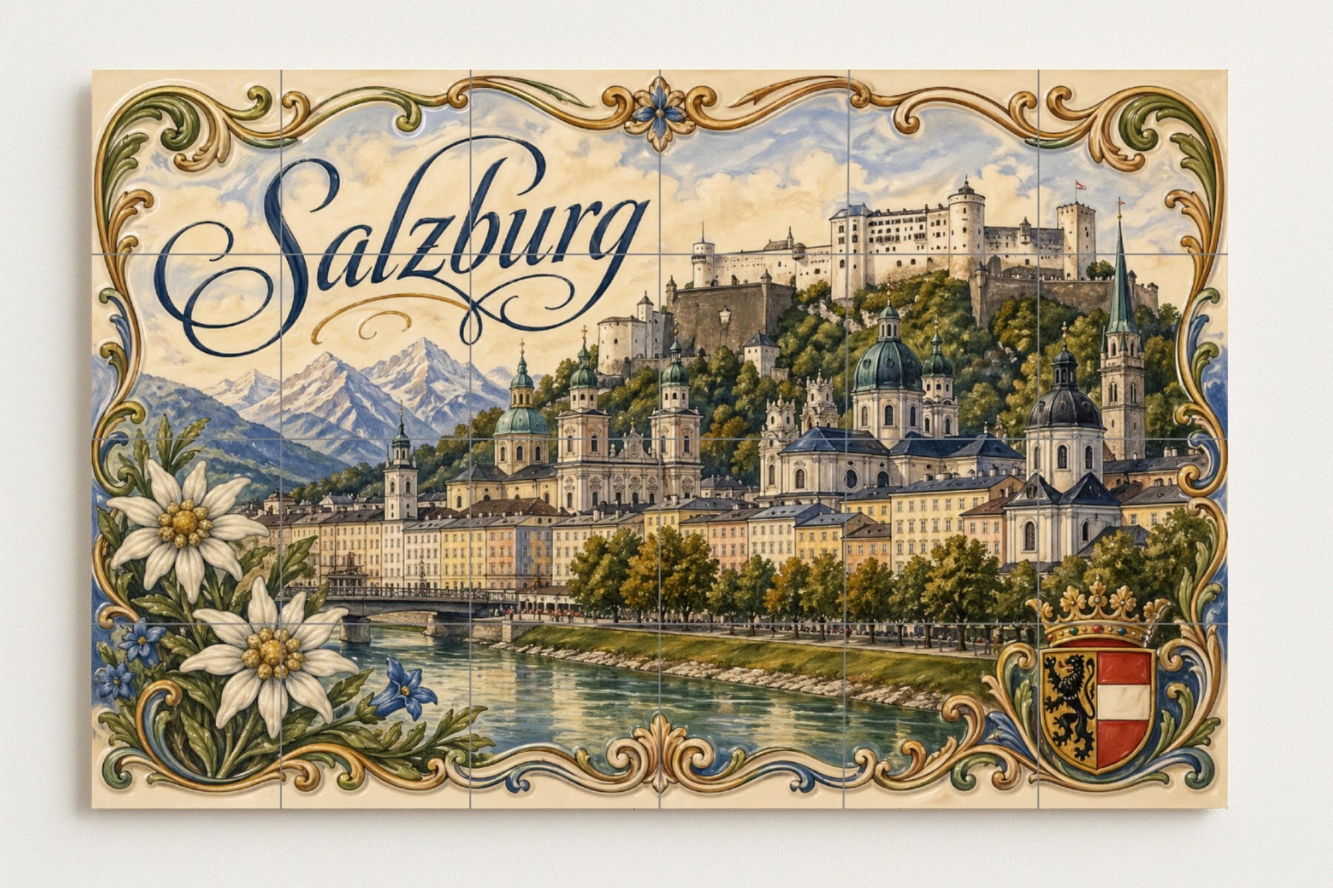 Fortaleza de Hohensalzburg en Salzburgo — Paysage Urbain en Carreaux, Art Mural en Céramique