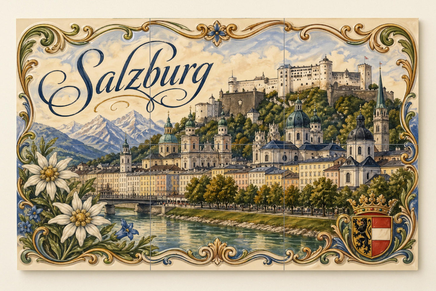 Fortaleza de Hohensalzburg en Salzburgo — Paysage Urbain en Carreaux, Art Mural en Céramique