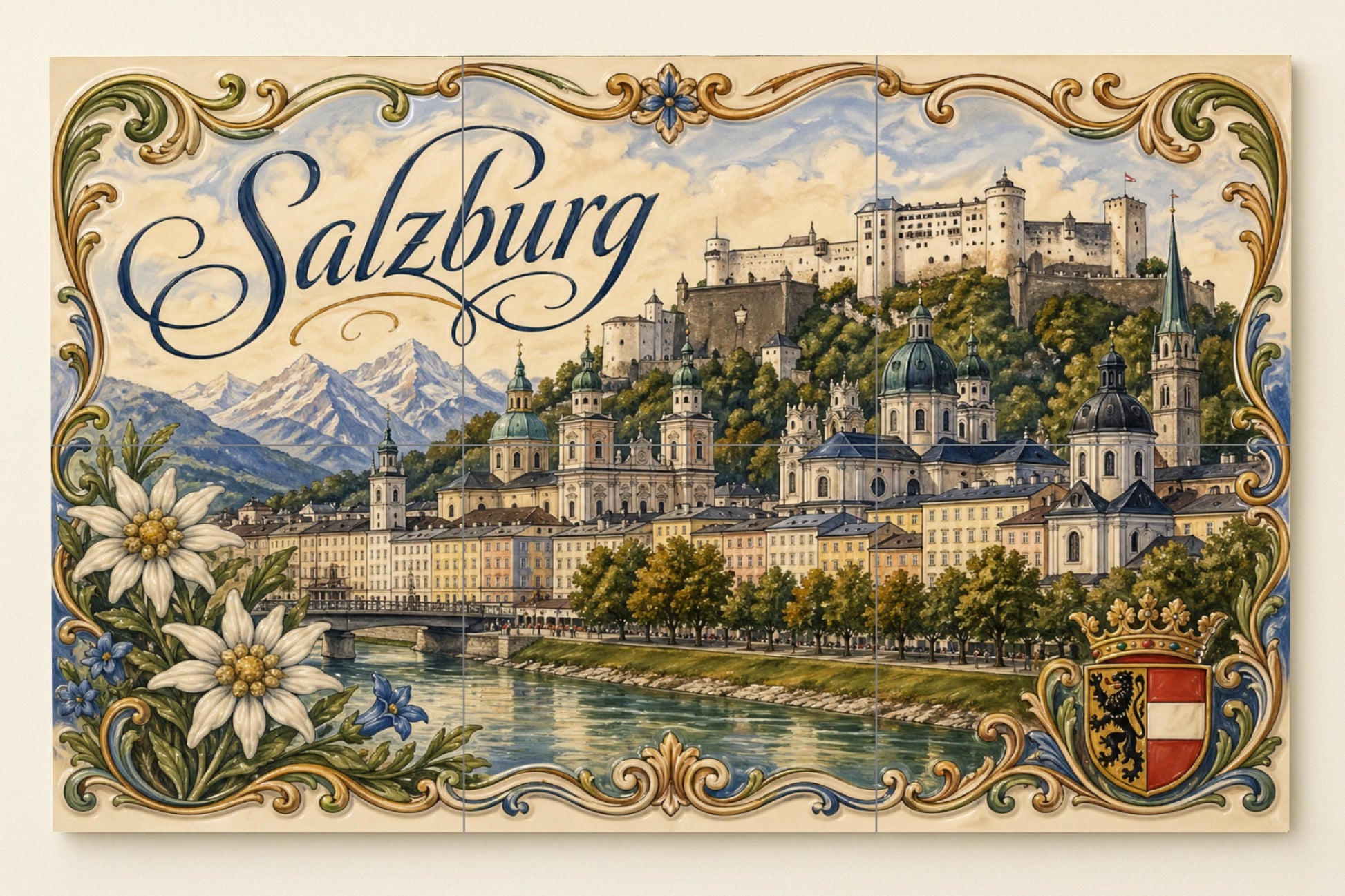 Fortaleza de Hohensalzburg en Salzburgo — Paysage Urbain en Carreaux, Art Mural en Céramique