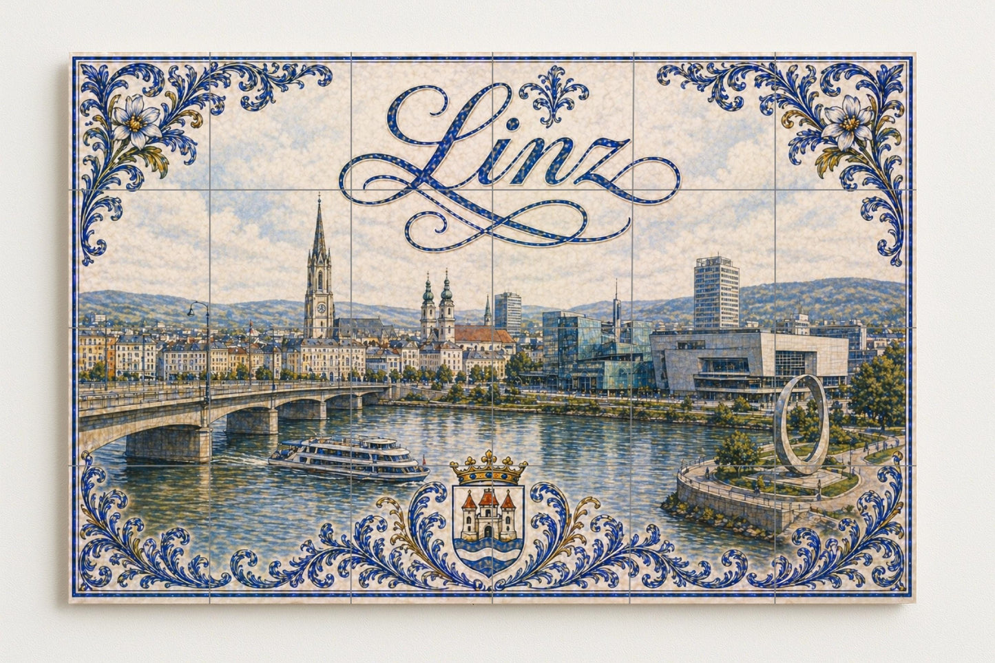River Danubio in Linz, Austria, with the modern · Ceramic Wall Mural — Landmark Mural