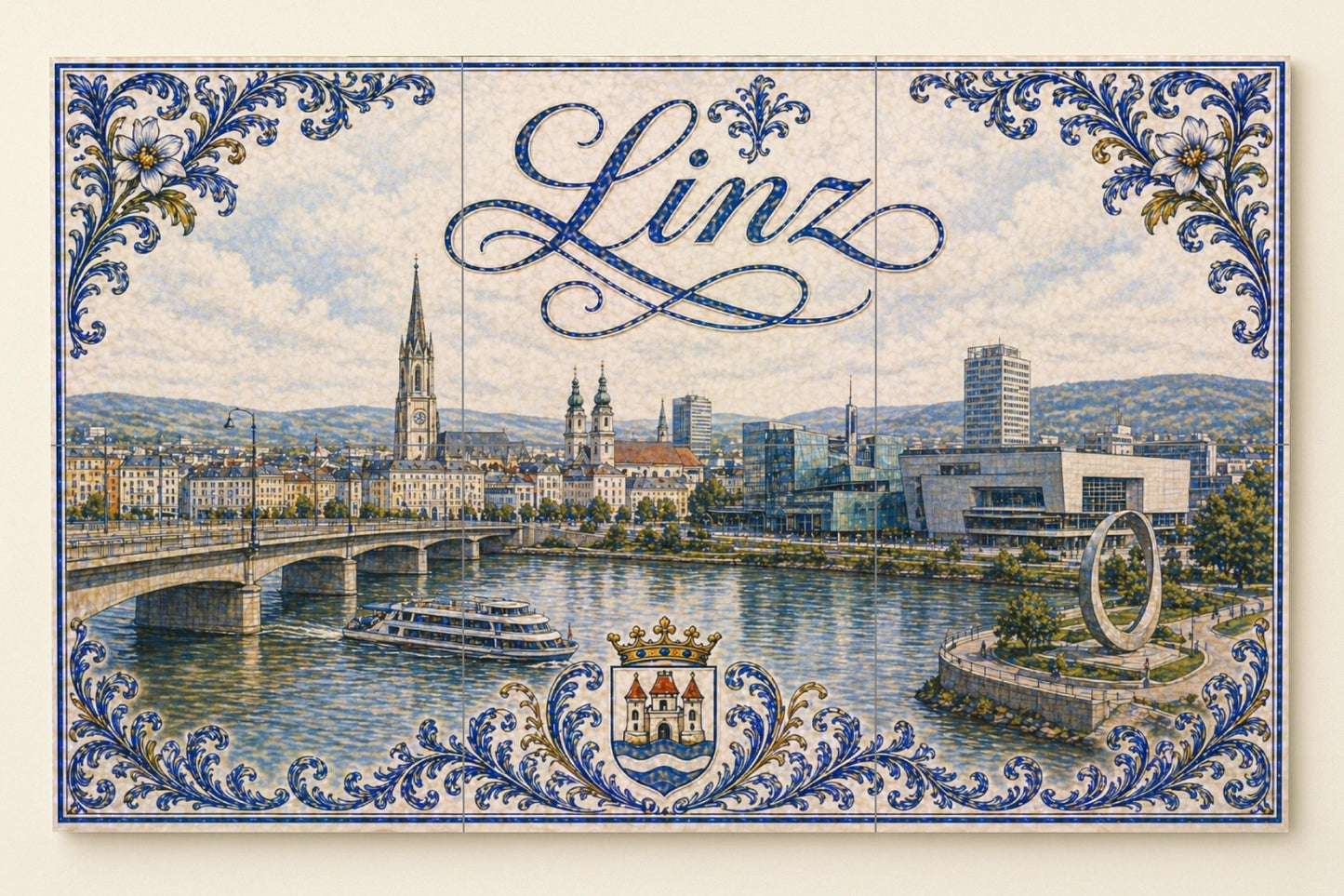 River Danubio in Linz, Austria, with the modern · Ceramic Wall Mural — Landmark Mural