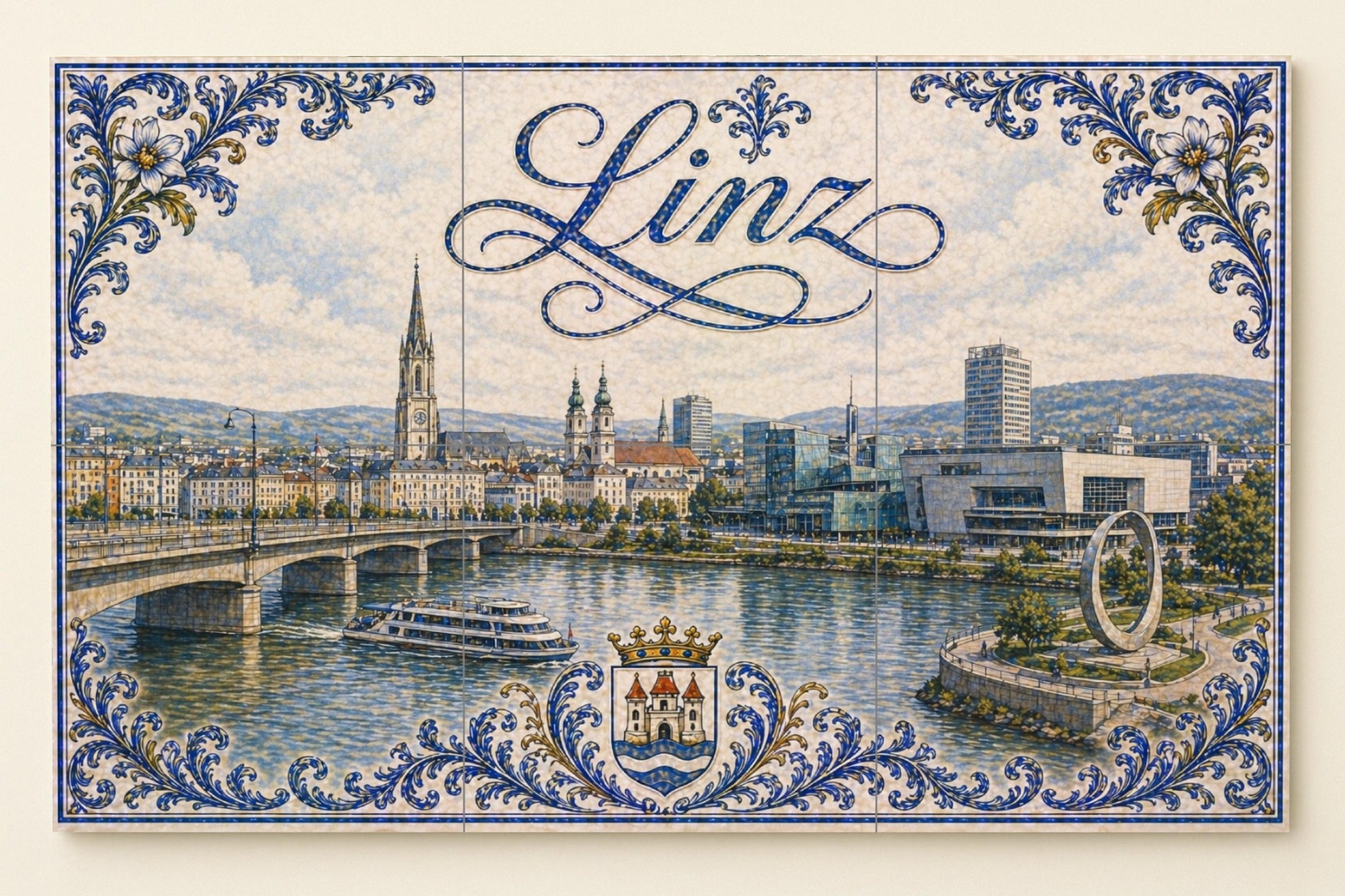 River Danubio in Linz, Austria, with the modern · Ceramic Wall Mural — Landmark Mural