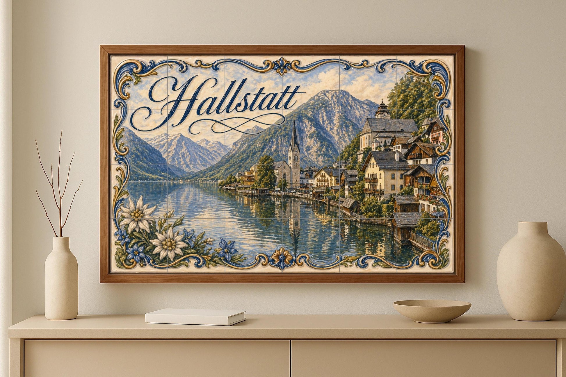 Hallstatt, Dorf Alpin am am See in · Keramik-Wandbild — Wahrzeichen-Wandbild