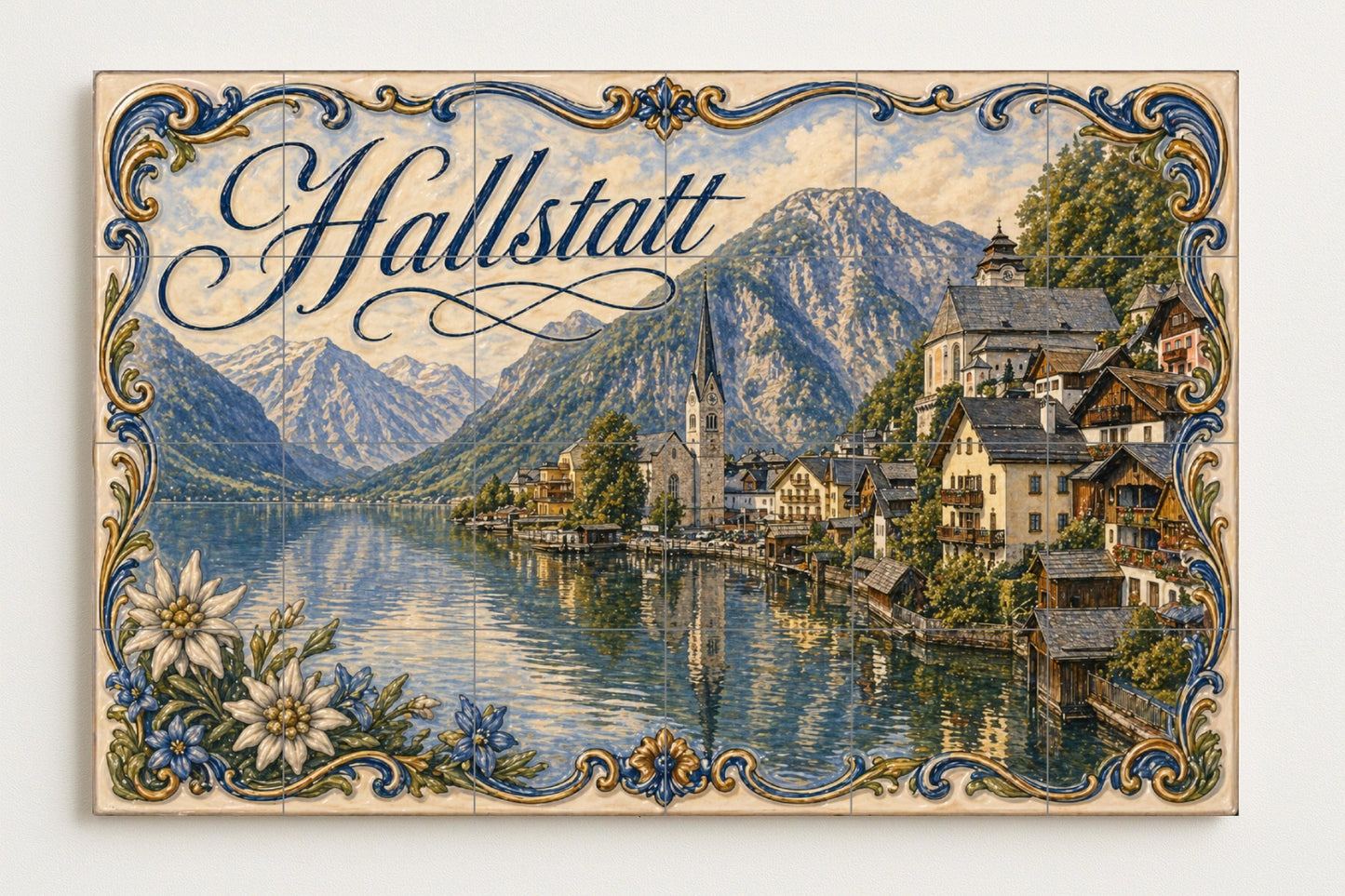Hallstatt, Dorf Alpin am am See in · Keramik-Wandbild — Wahrzeichen-Wandbild