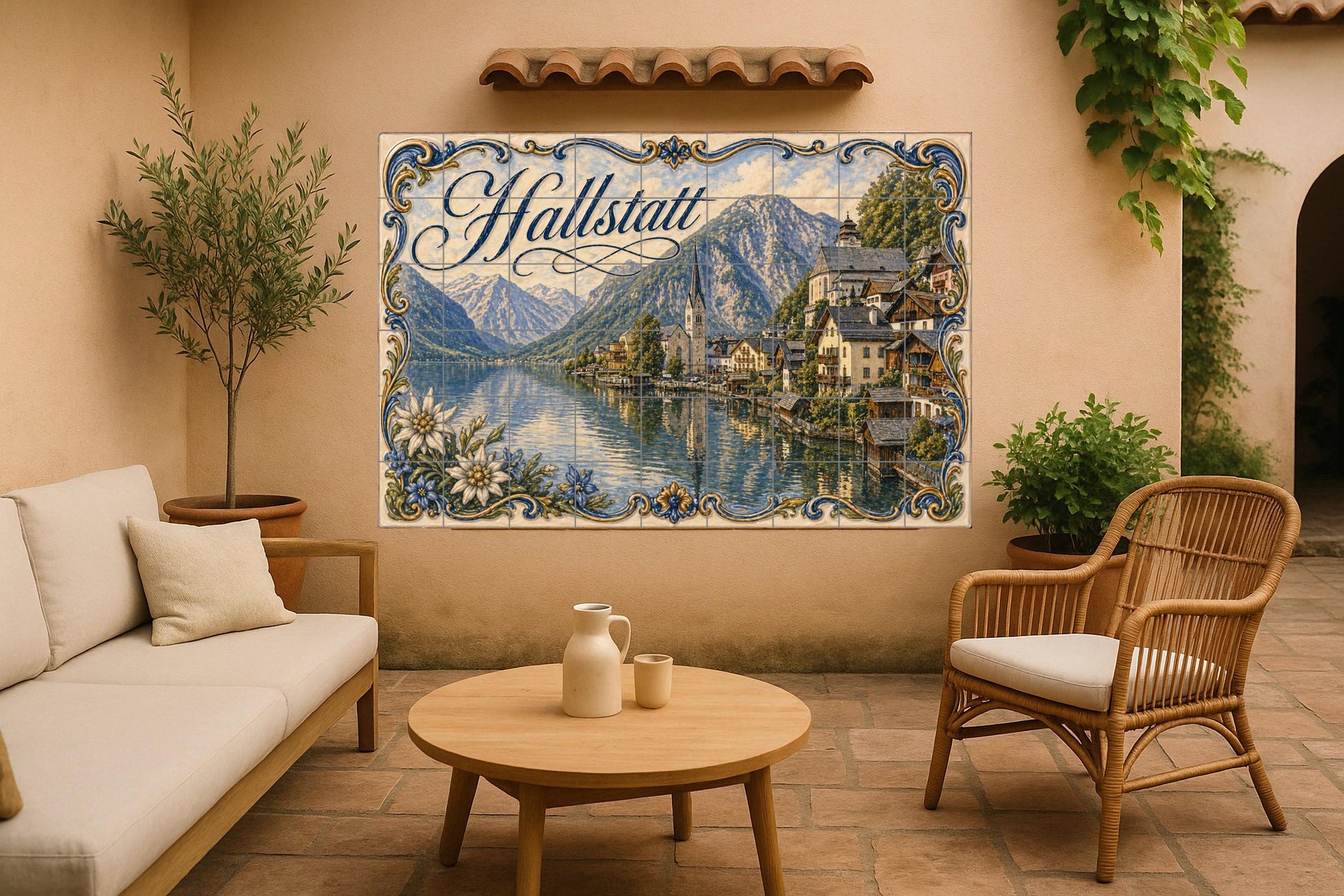 Hallstatt, Dorf Alpin am am See in · Keramik-Wandbild — Wahrzeichen-Wandbild