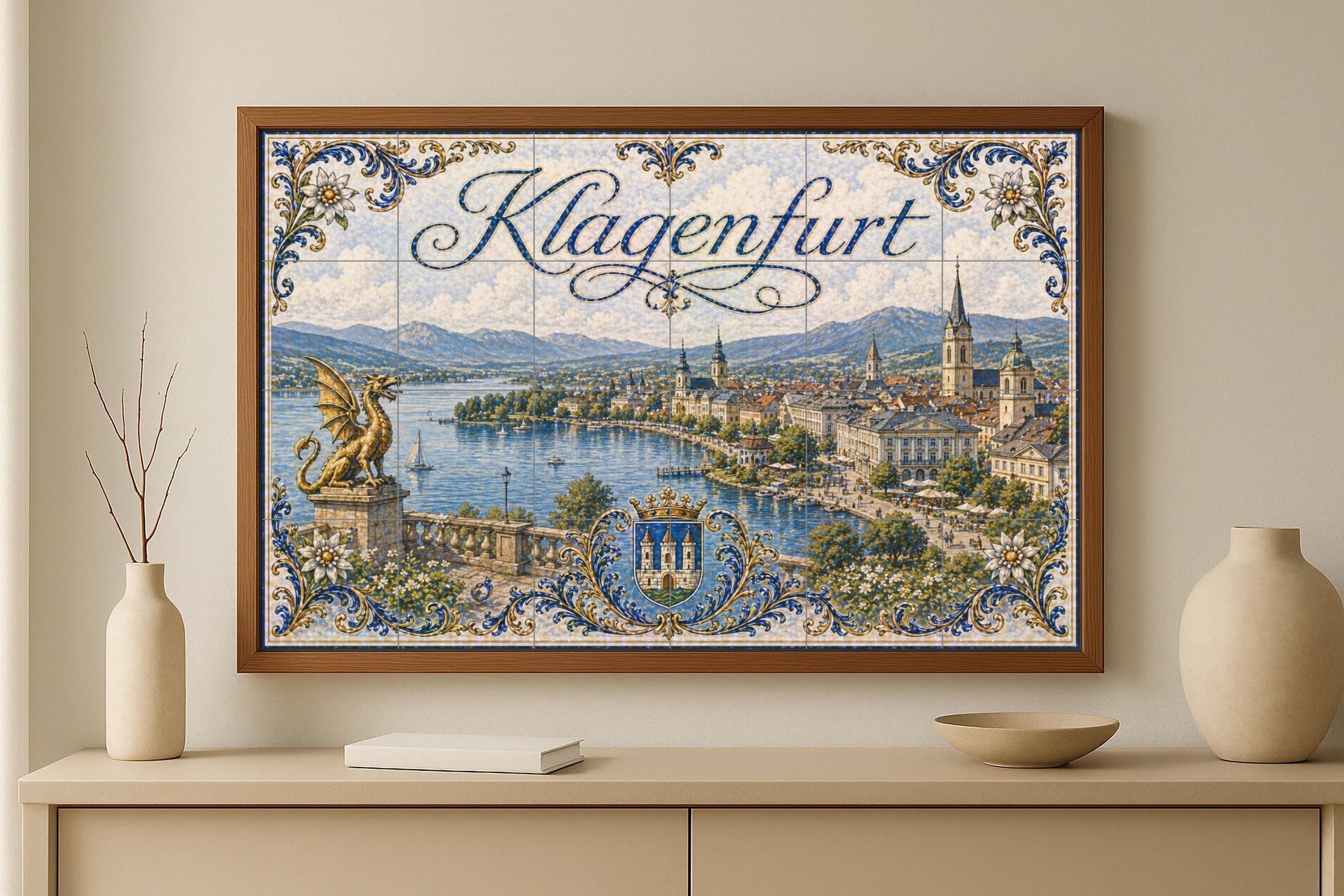 Klagenfurt Wörthersee Autriche, Dragon Lindwurm — Scène Mythologique, Art Mural en Céramique