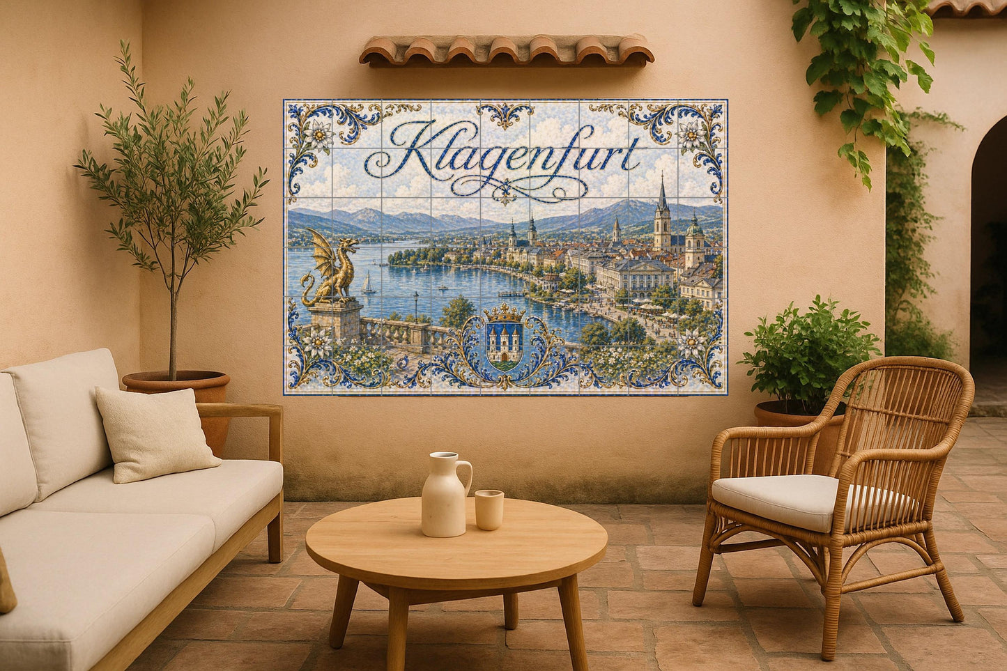 Klagenfurt Wörthersee Autriche, Dragon Lindwurm — Scène Mythologique, Art Mural en Céramique