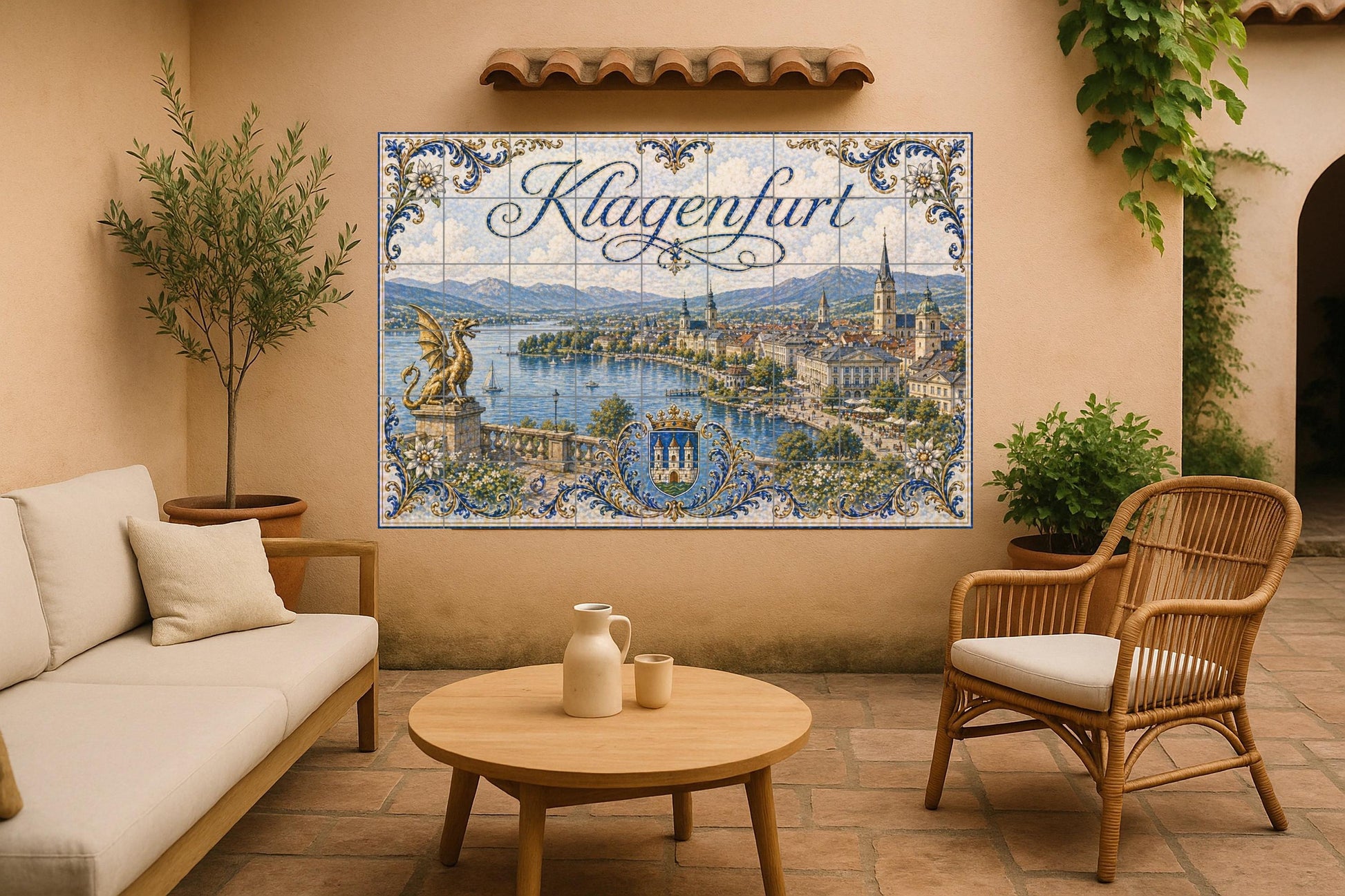Klagenfurt Wörthersee Autriche, Dragon Lindwurm — Scène Mythologique, Art Mural en Céramique