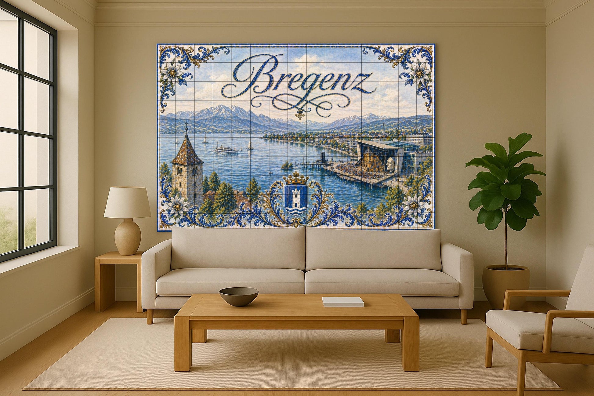 Ceramic Tile Mural: Lake Constanza in Bregenz, Austria, with vis — Landmark Mural