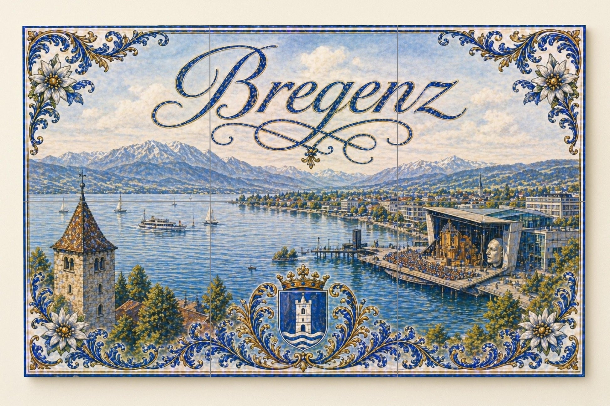 Ceramic Tile Mural: Lake Constanza in Bregenz, Austria, with vis — Landmark Mural