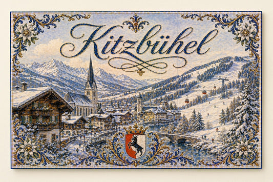 Mural de azulejos de cerámica de Kitzbühel, Austria, estación de…