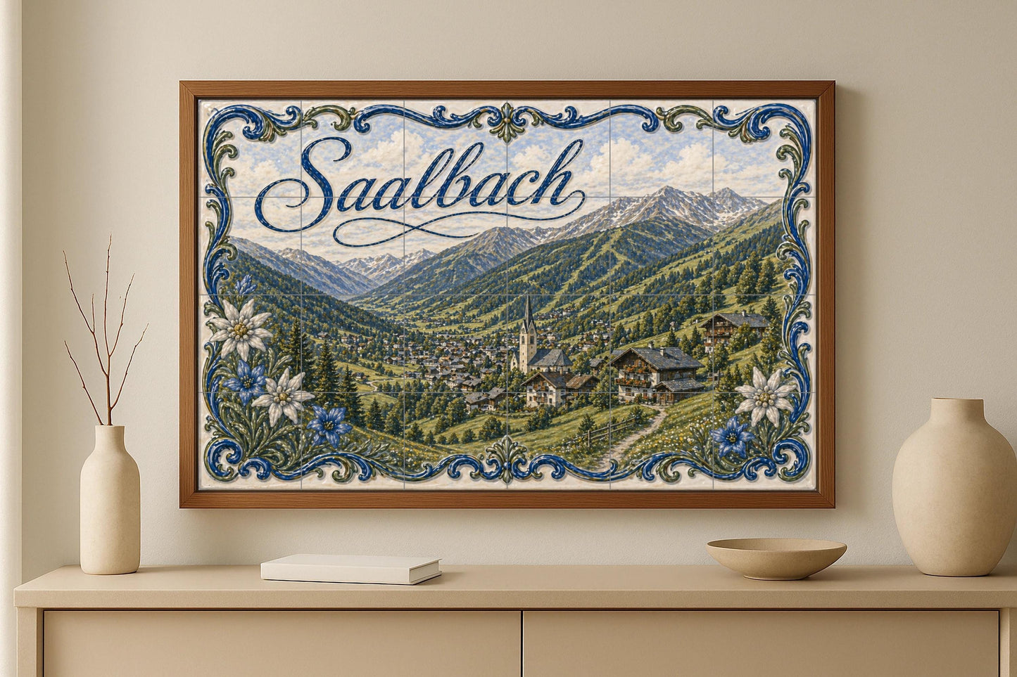 Mural de azulejos de cerámica de Saalbach, Austria, pueblo alpino y…