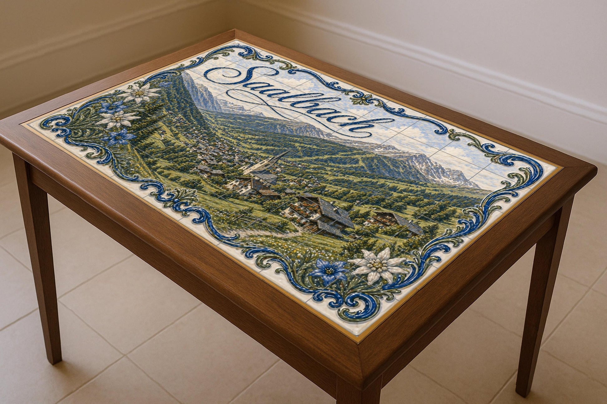 Mural de azulejos de cerámica de Saalbach, Austria, pueblo alpino y…