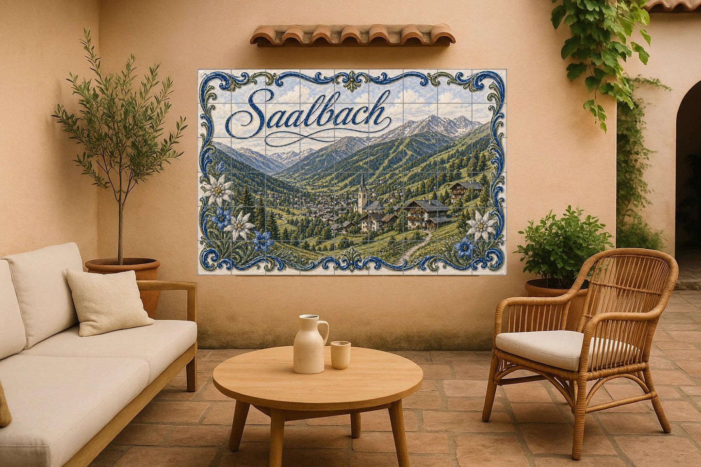 Mural de azulejos de cerámica de Saalbach, Austria, pueblo alpino y…