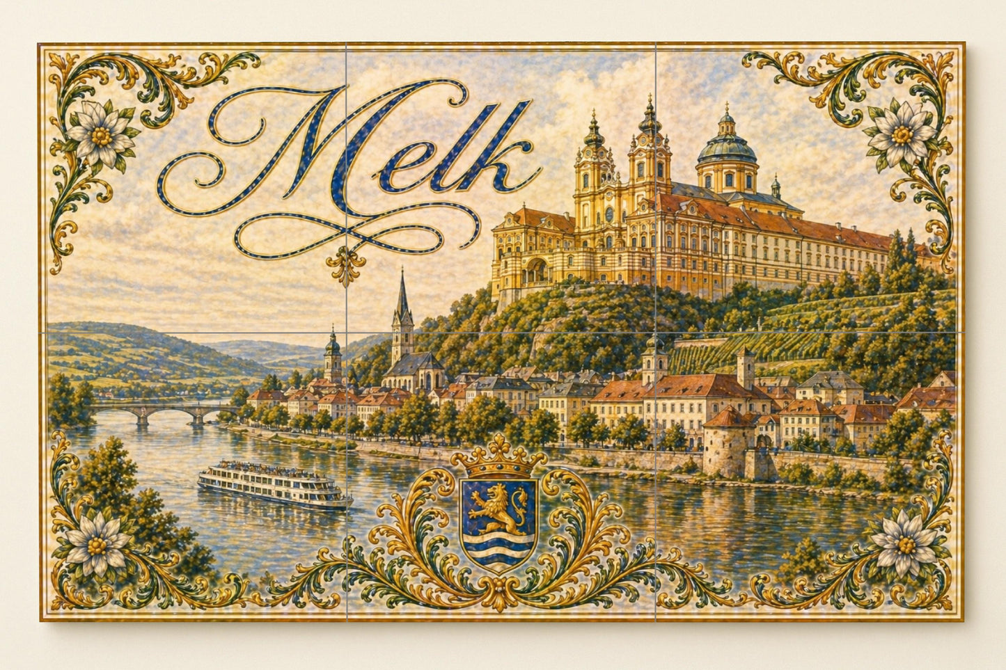 Melk, Austria, River Danubio and Art Mural barr — City & Landmark Art · Tile Wall Art