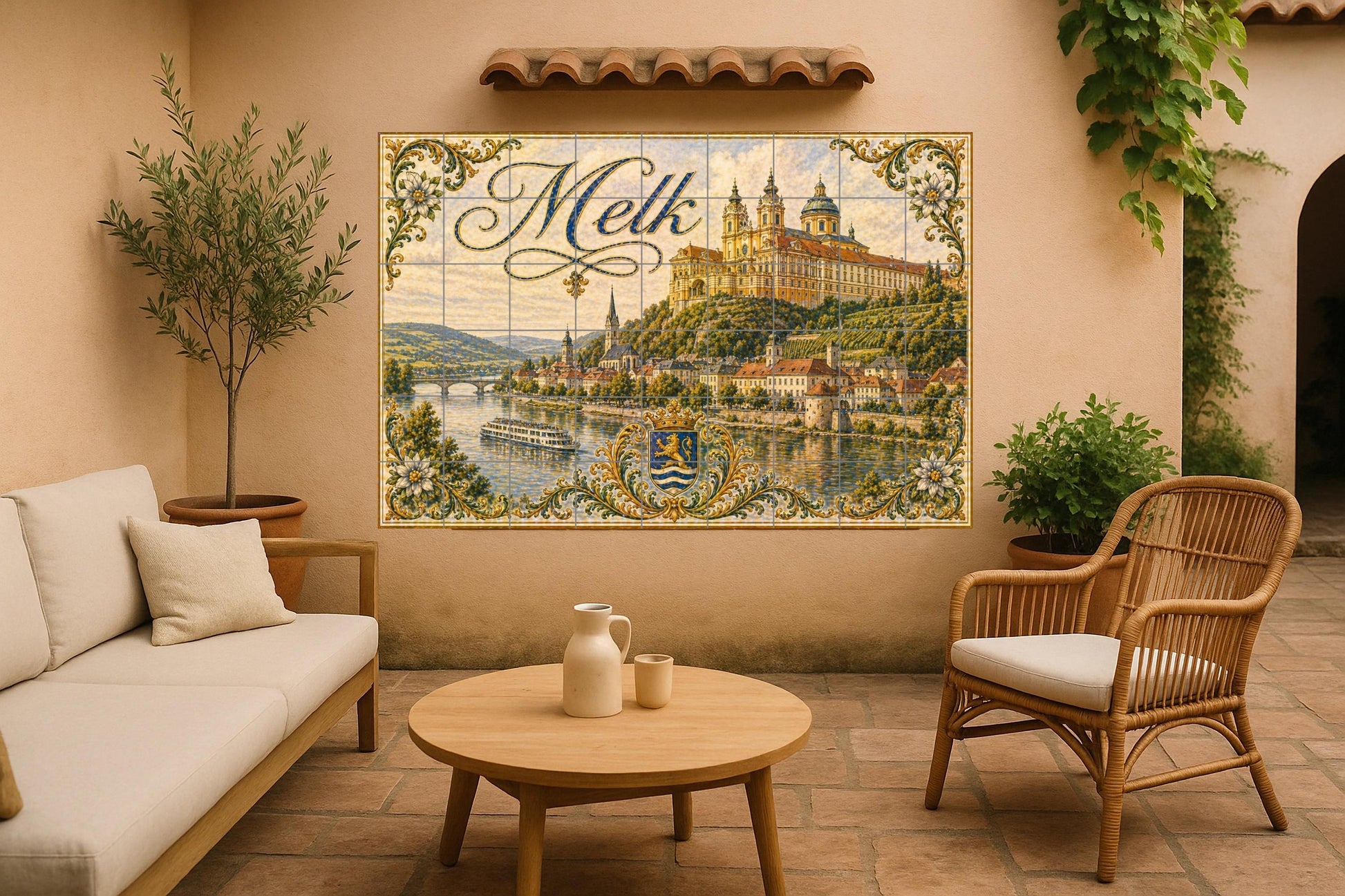 Melk, Austria, River Danubio and Art Mural barr — City & Landmark Art · Tile Wall Art