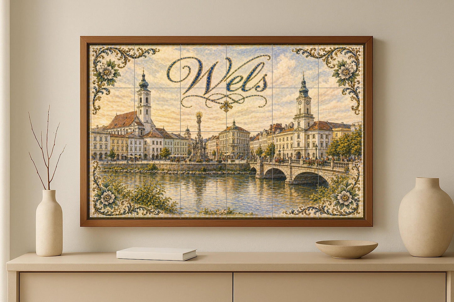 Wels, Austria, arquitectura histórica ribere — Fresque Murale en Carreaux de Céramique · Décor Mural Voyage