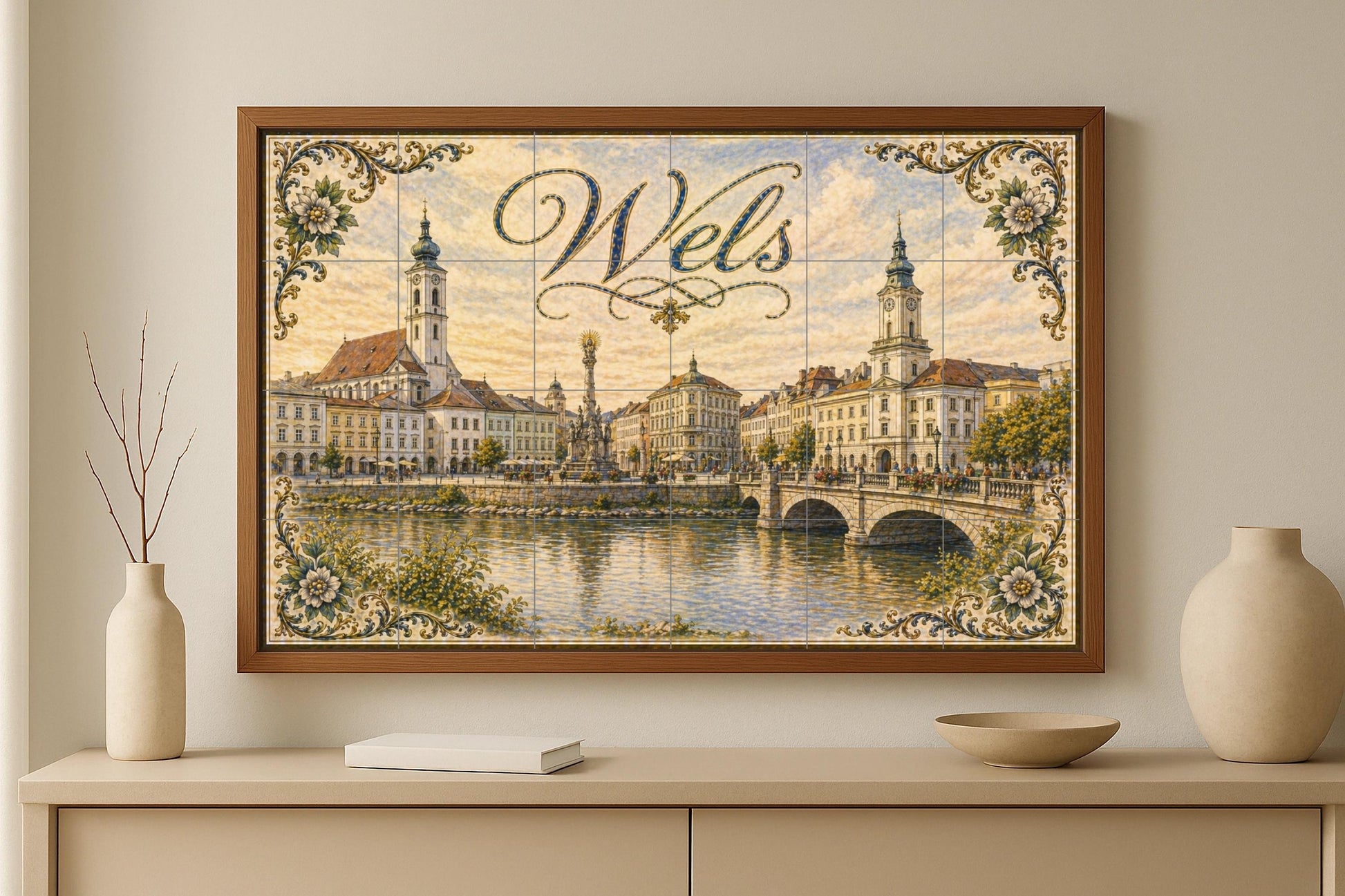Wels, Austria, arquitectura histórica ribere — Fresque Murale en Carreaux de Céramique · Décor Mural Voyage