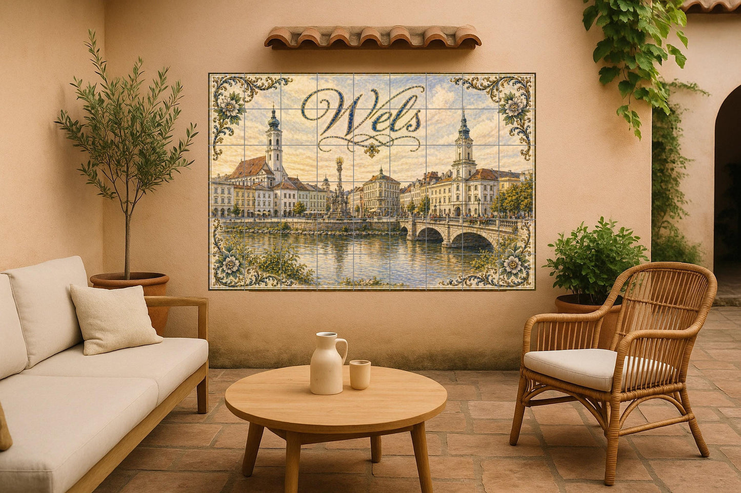 Wels, Austria, arquitectura histórica ribere — Fresque Murale en Carreaux de Céramique · Décor Mural Voyage