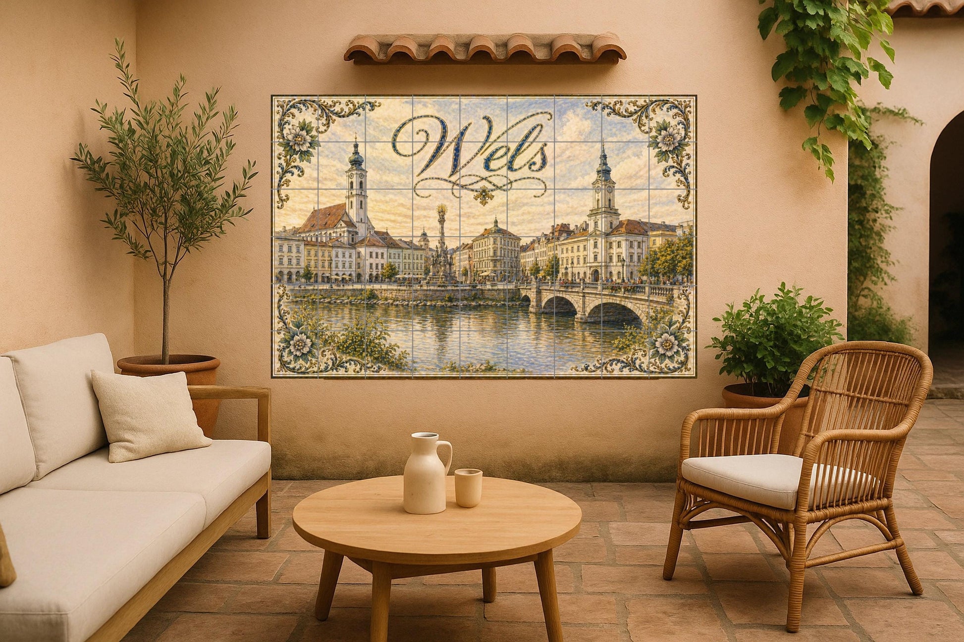 Wels, Austria, arquitectura histórica ribere — Fresque Murale en Carreaux de Céramique · Décor Mural Voyage